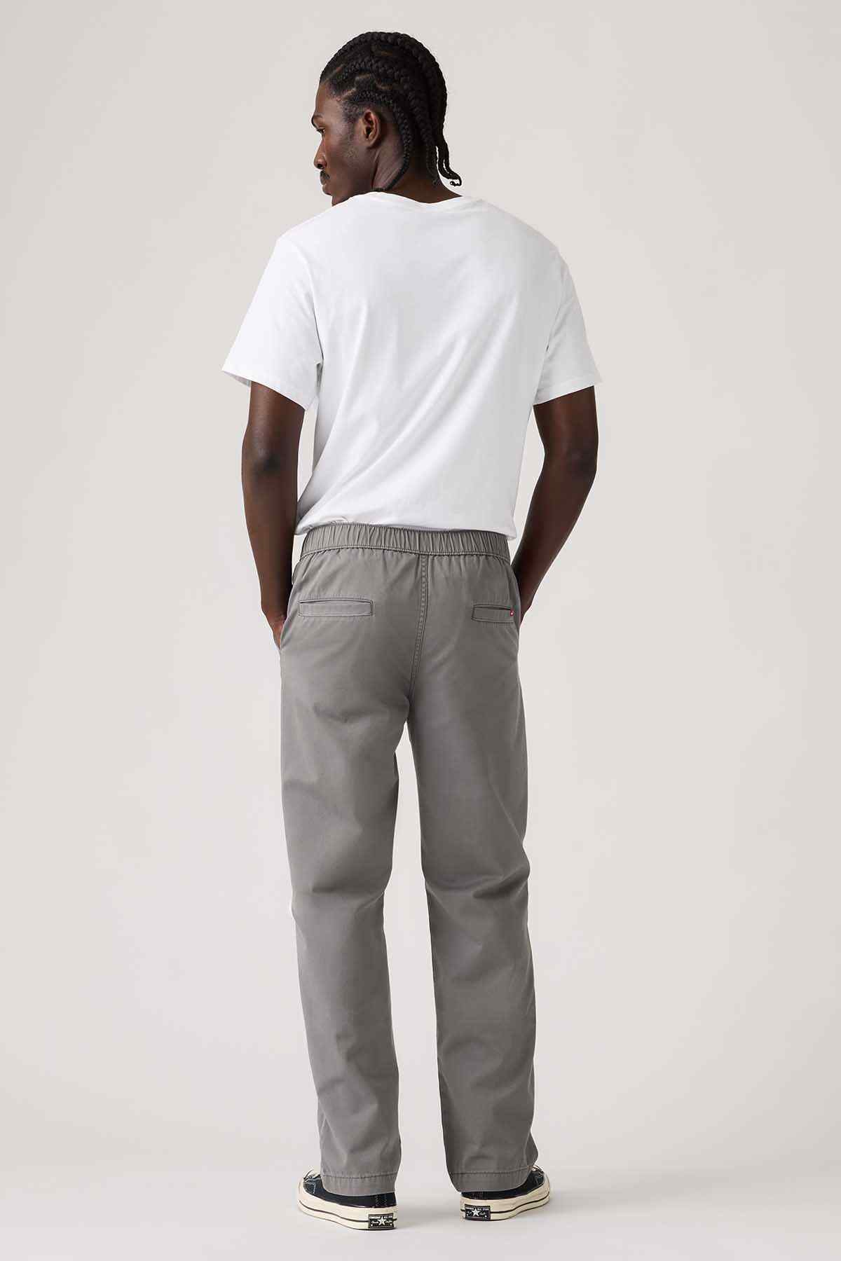 Levi's grey elastic-waist straight pants, back view with waistband seam