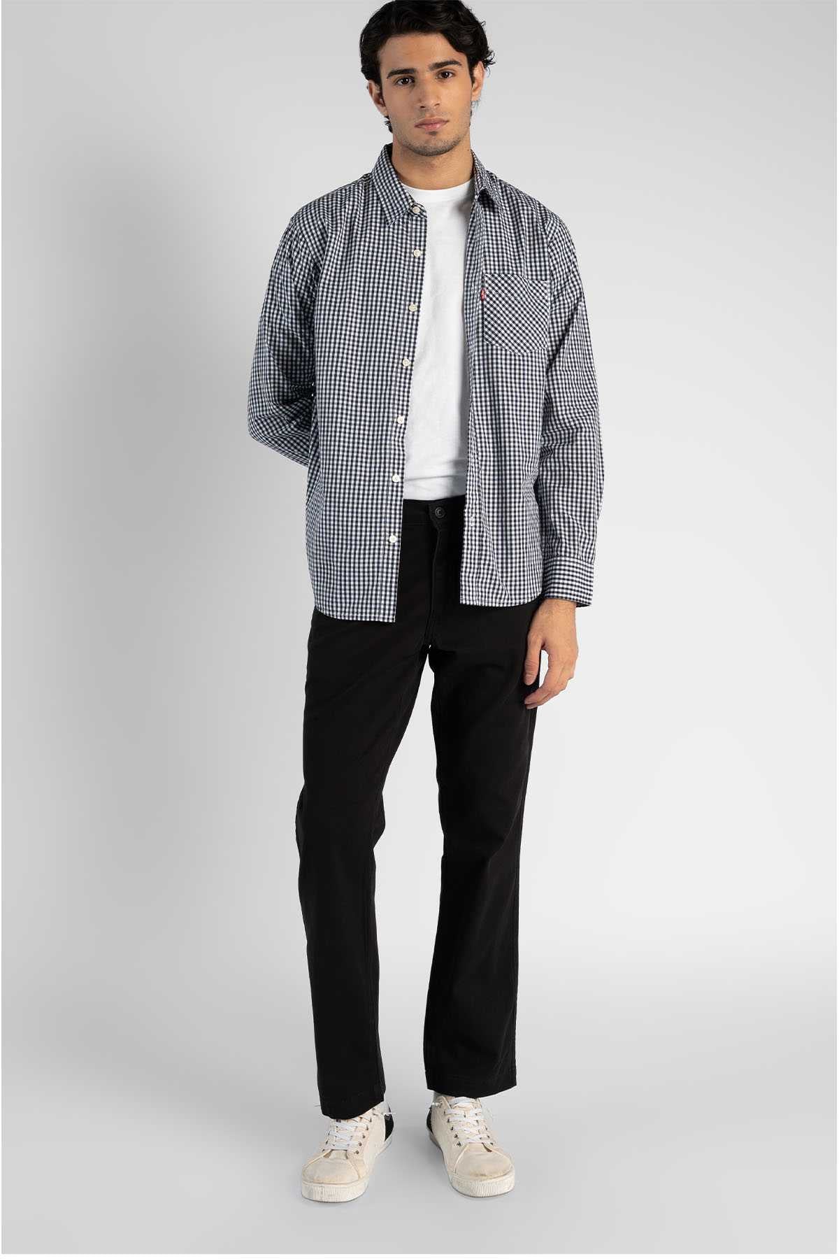 Black jeans front view with straight legs and five-pocket stitching