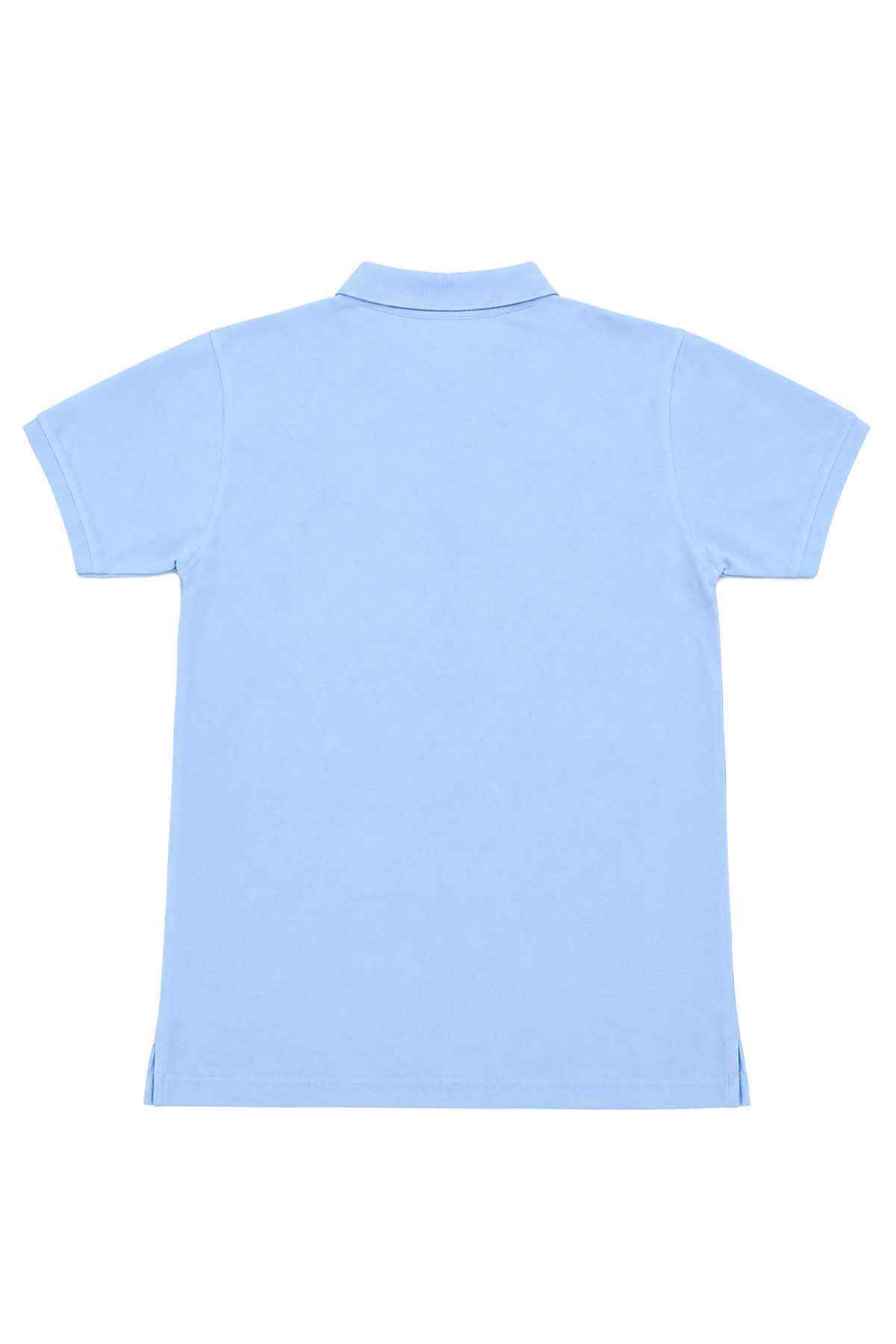 Sky blue polo shirt back view, plain short sleeves
