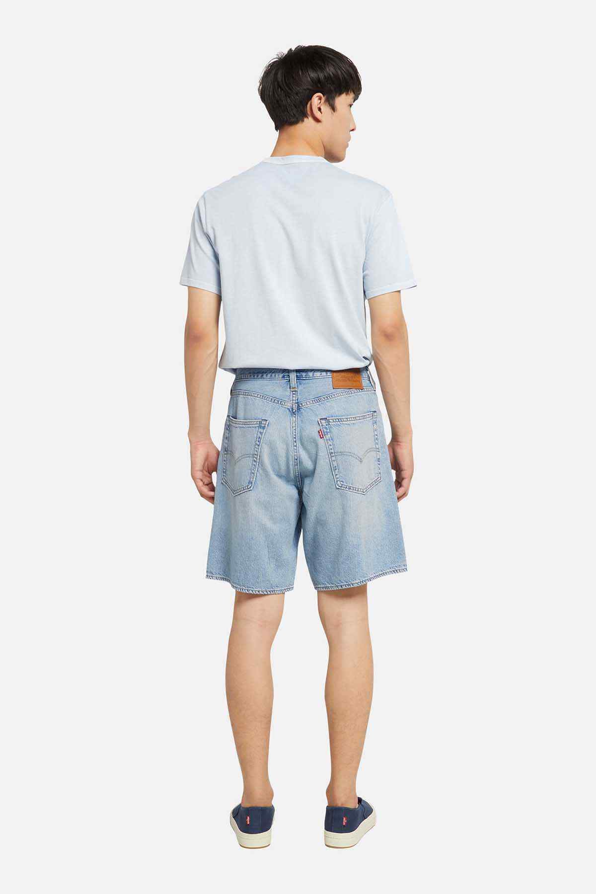 Light blue denim shorts, back view with yoke and belt loops