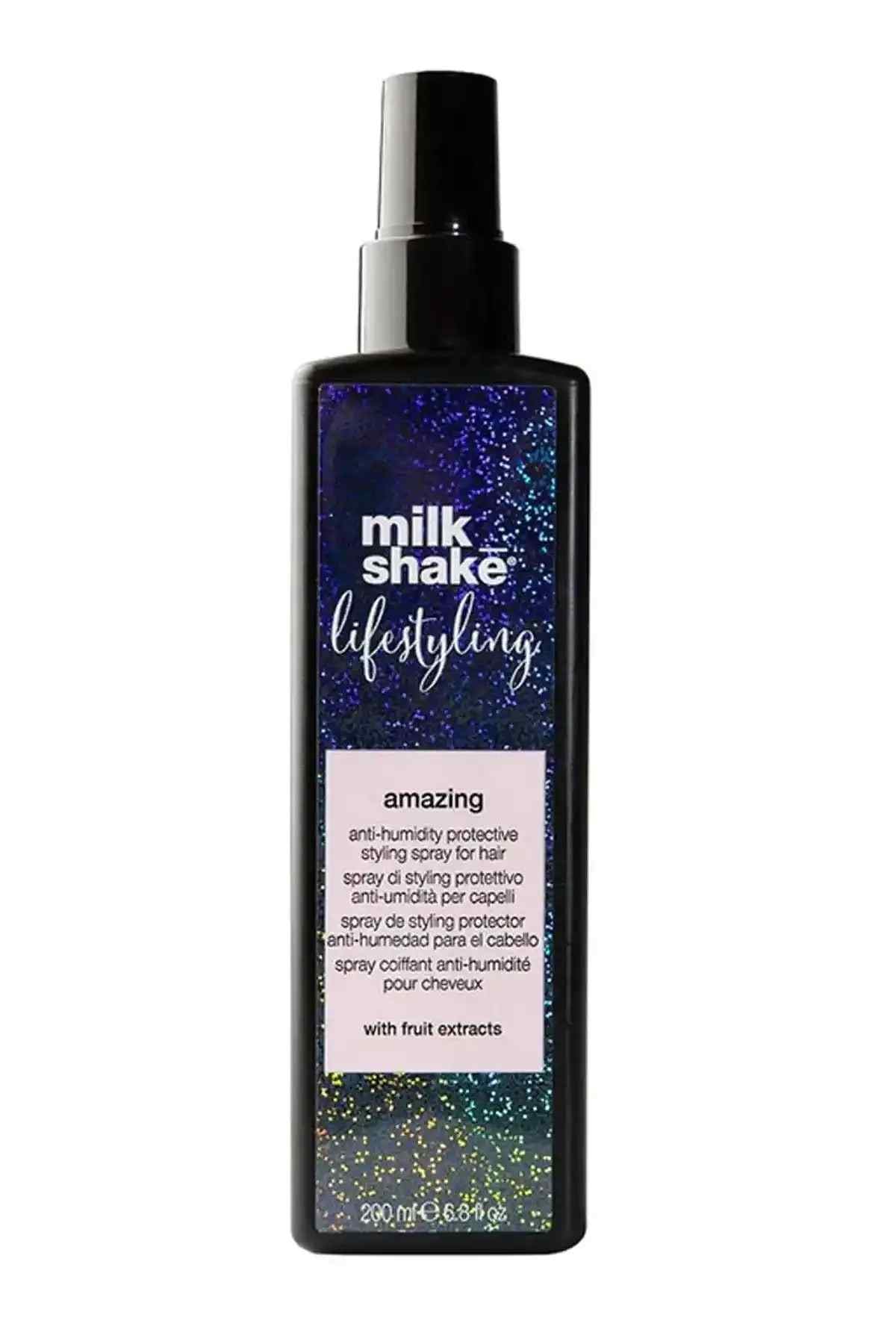 MILK SHAKE hair styling spray bottle, dark bottle with blue speckled label and black cap