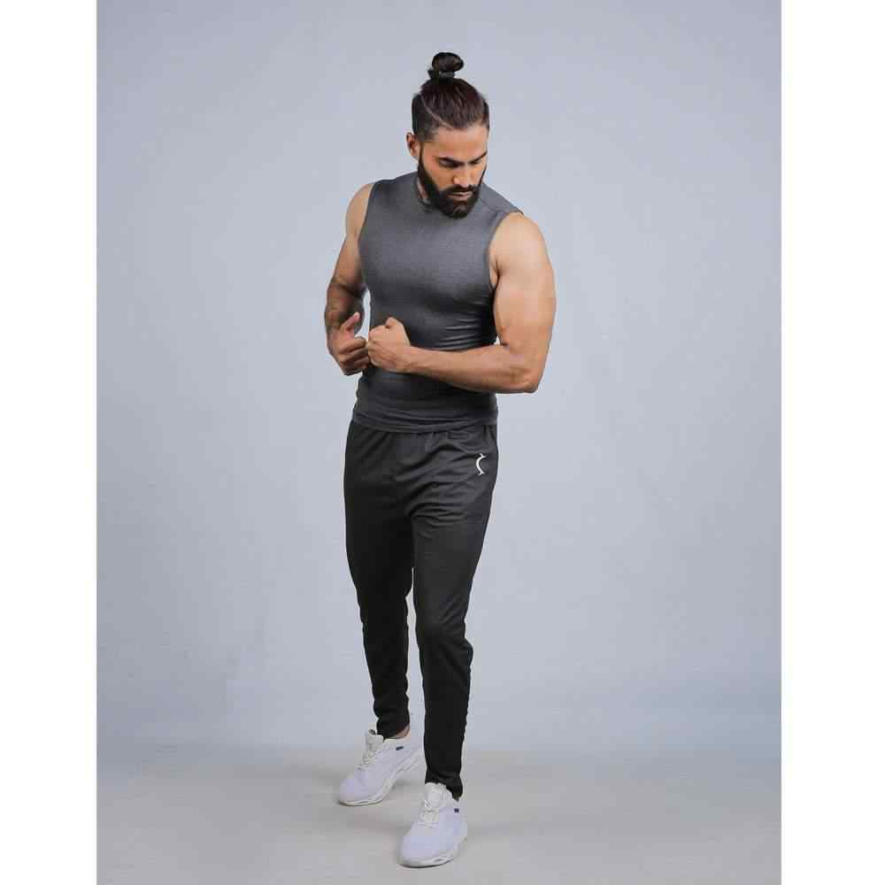 Bodybrics dark gray sleeveless crew-neck tank top, full-length view