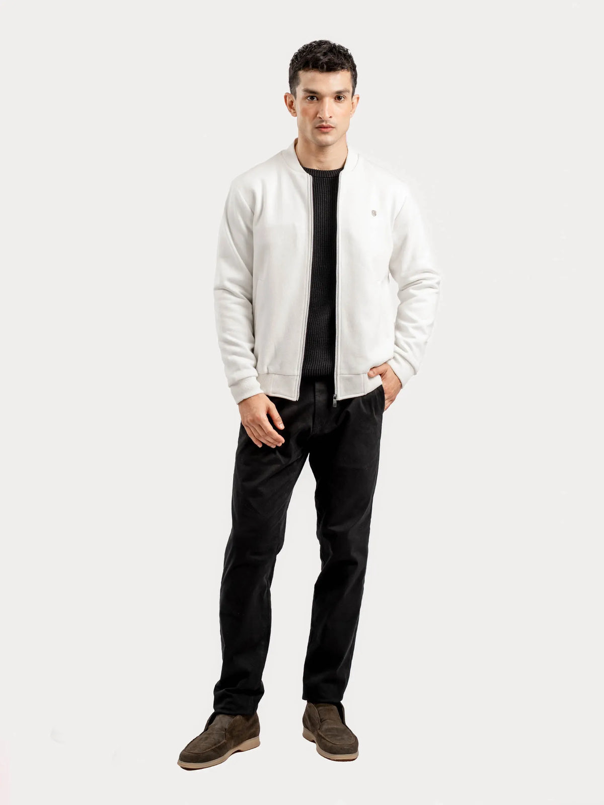 Men's vanilla bomber jacket with zip front, ribbed cuffs, and hem