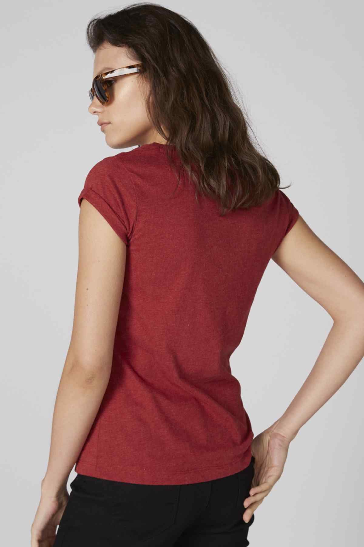 Red crewneck T-shirt, short sleeves, back view with no visible graphic