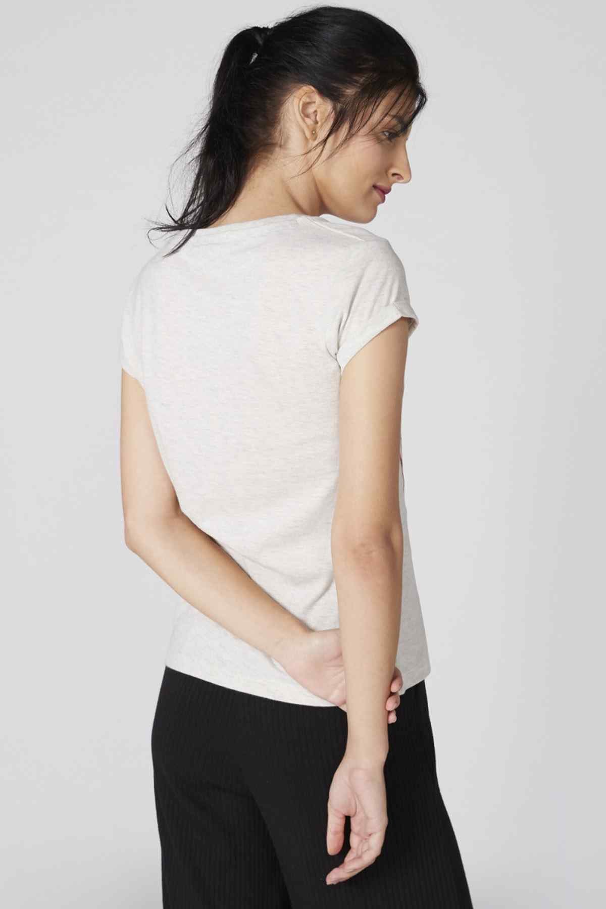 Heather gray T-shirt, back view with plain rear panel