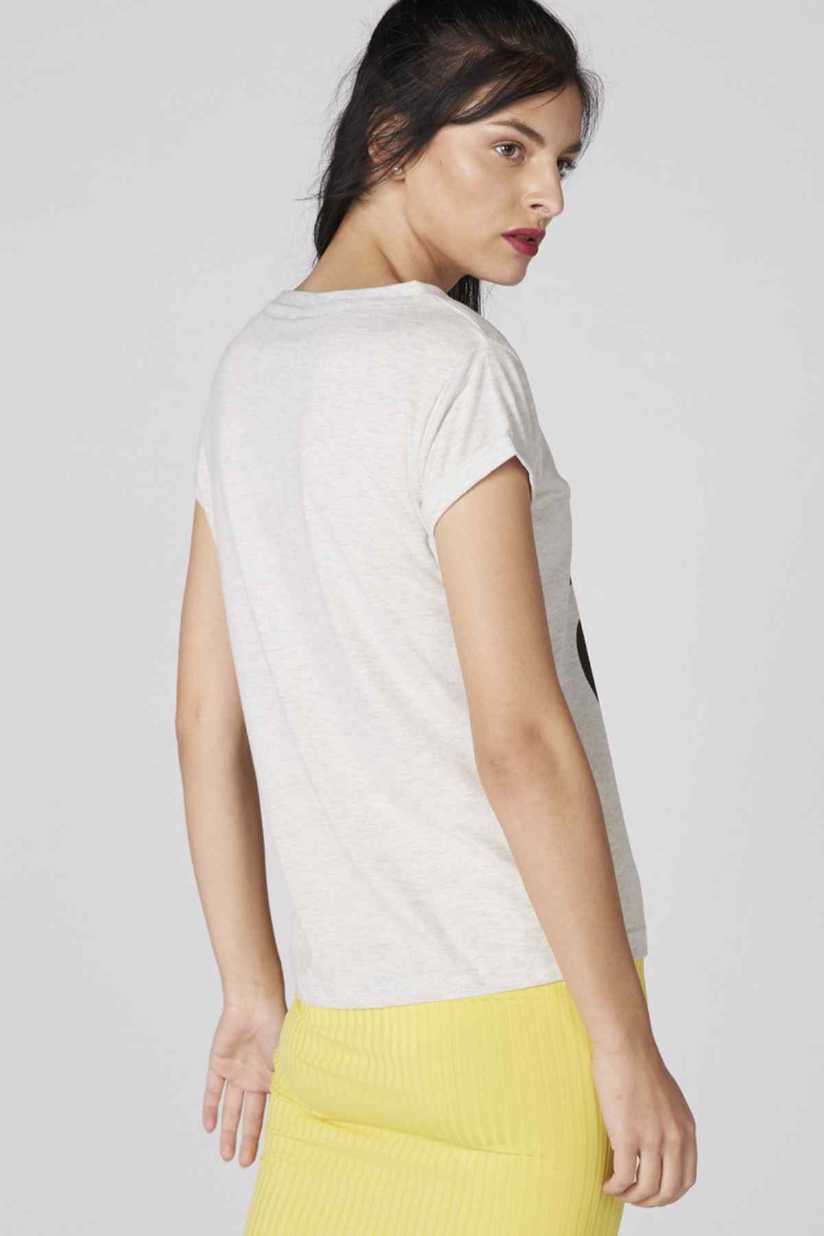 Light gray women's graphic T-shirt back view with short sleeves