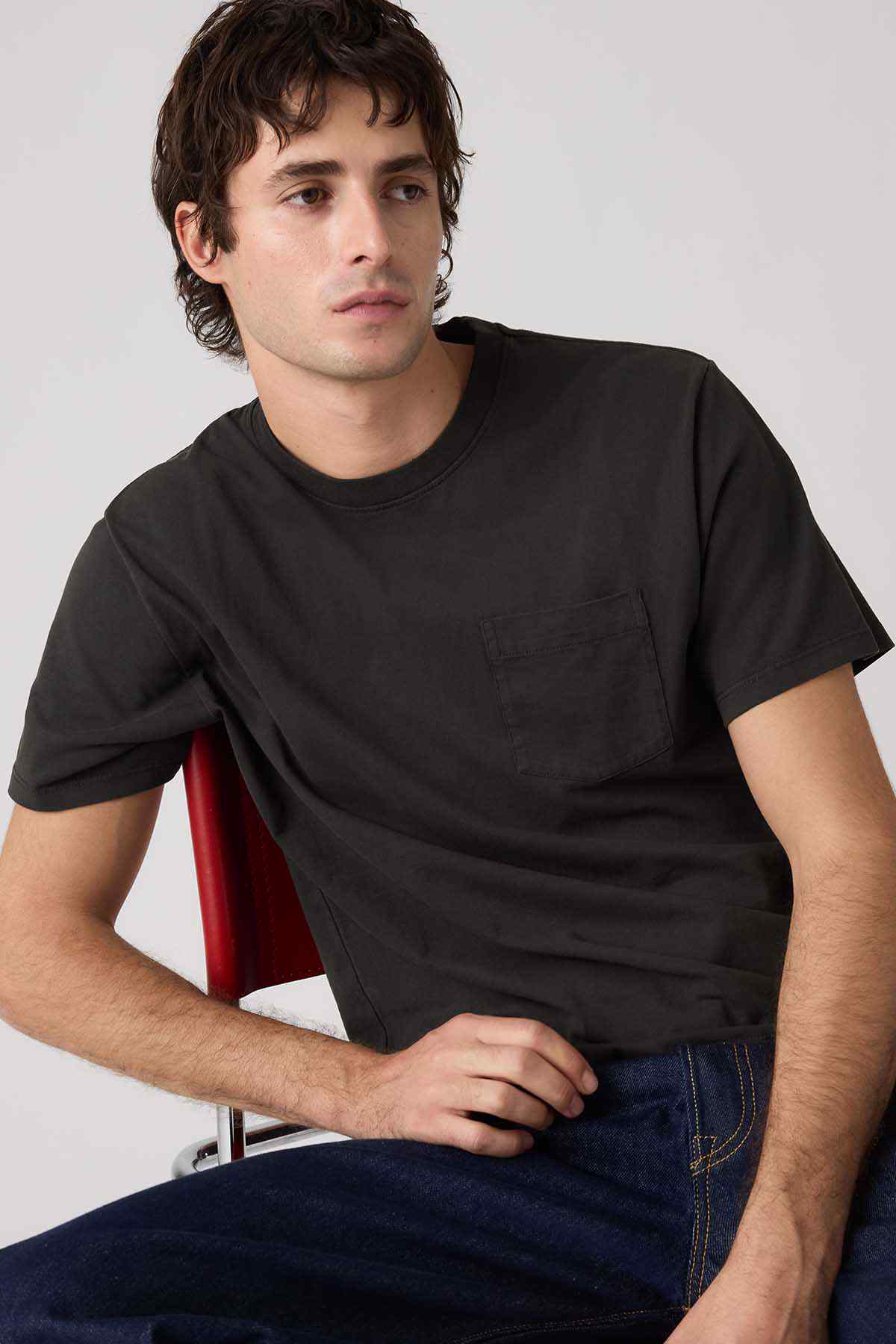 Levi's black crew-neck short-sleeve T-shirt, close-up