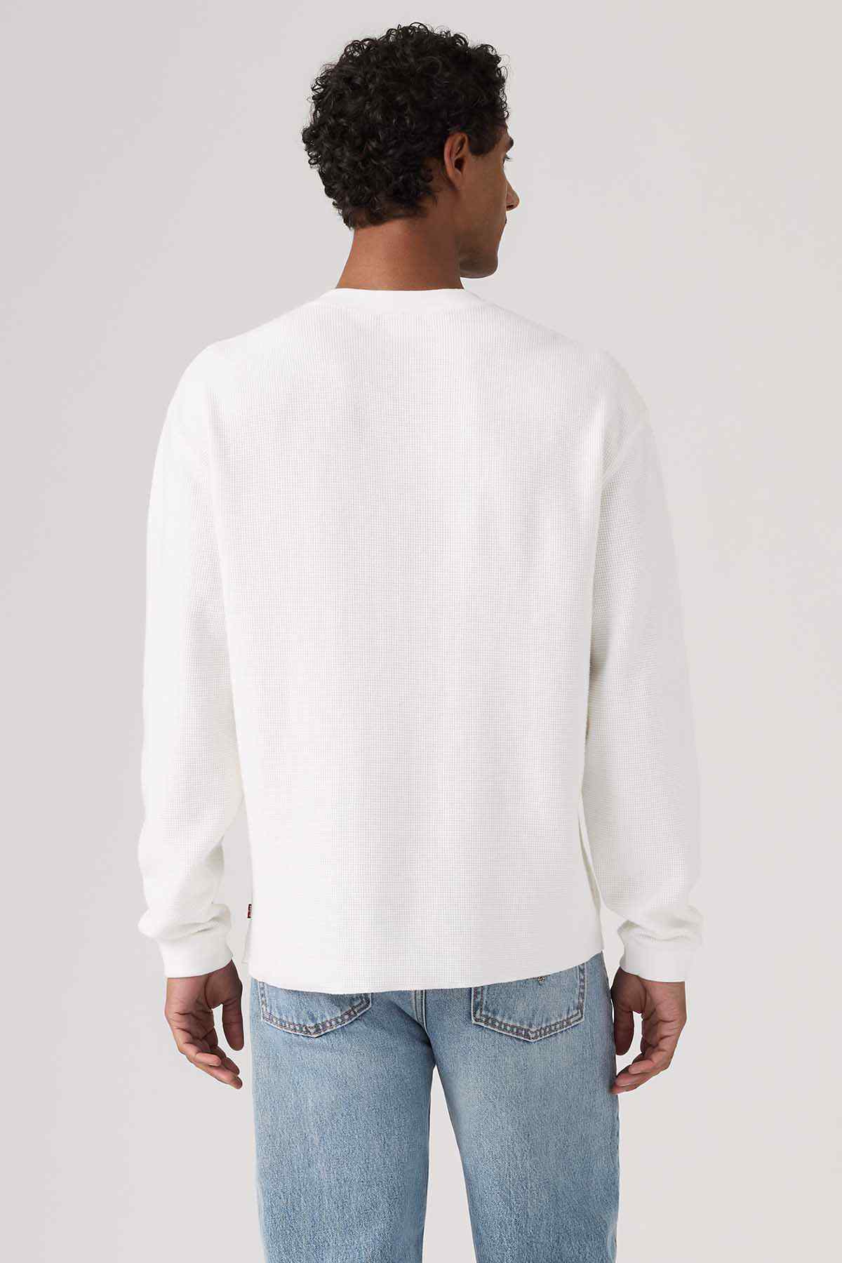 Levi's white long-sleeve henley shirt, back view with curved hem