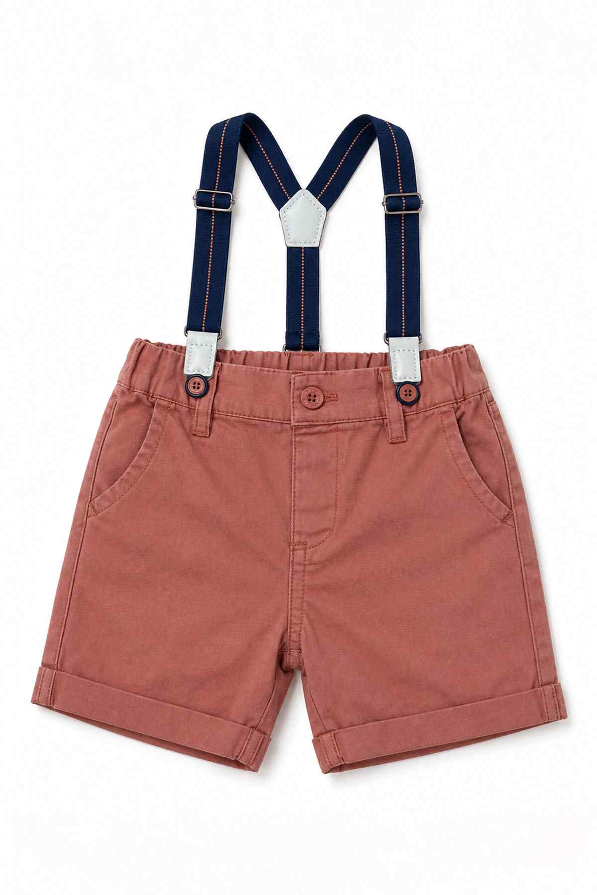 Brown baby short overalls with navy suspenders and front button placket