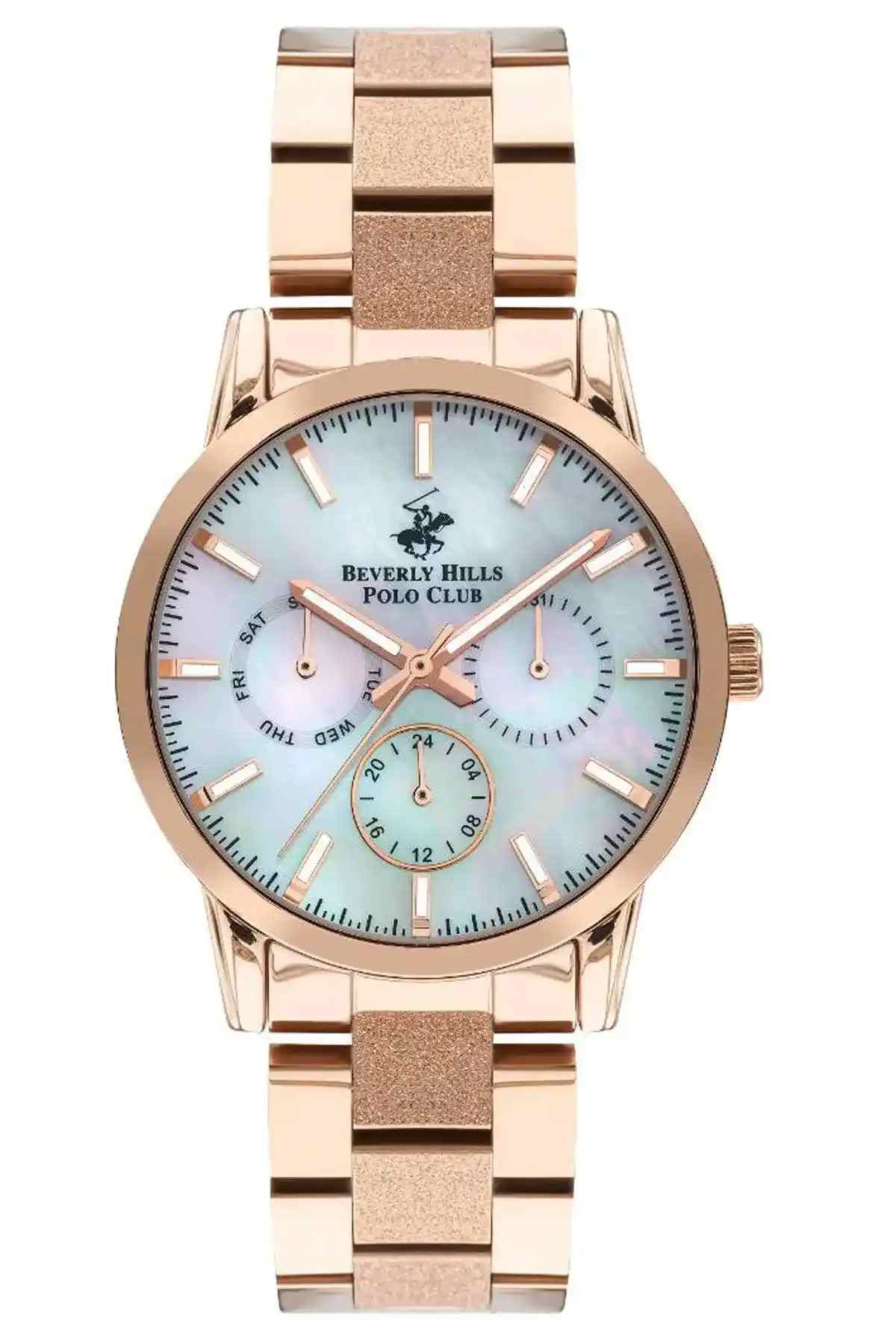 BHPC rose gold wristwatch with light blue dial and three subdials