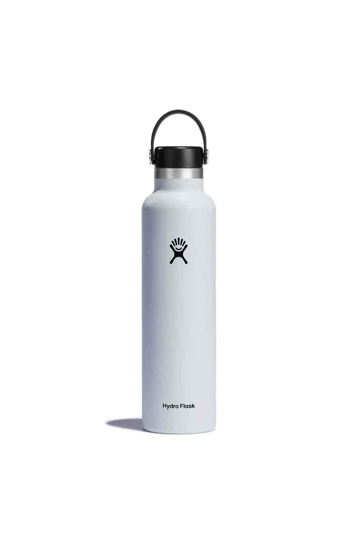 White Hydro Flask reusable water bottle with black carry handle and lid