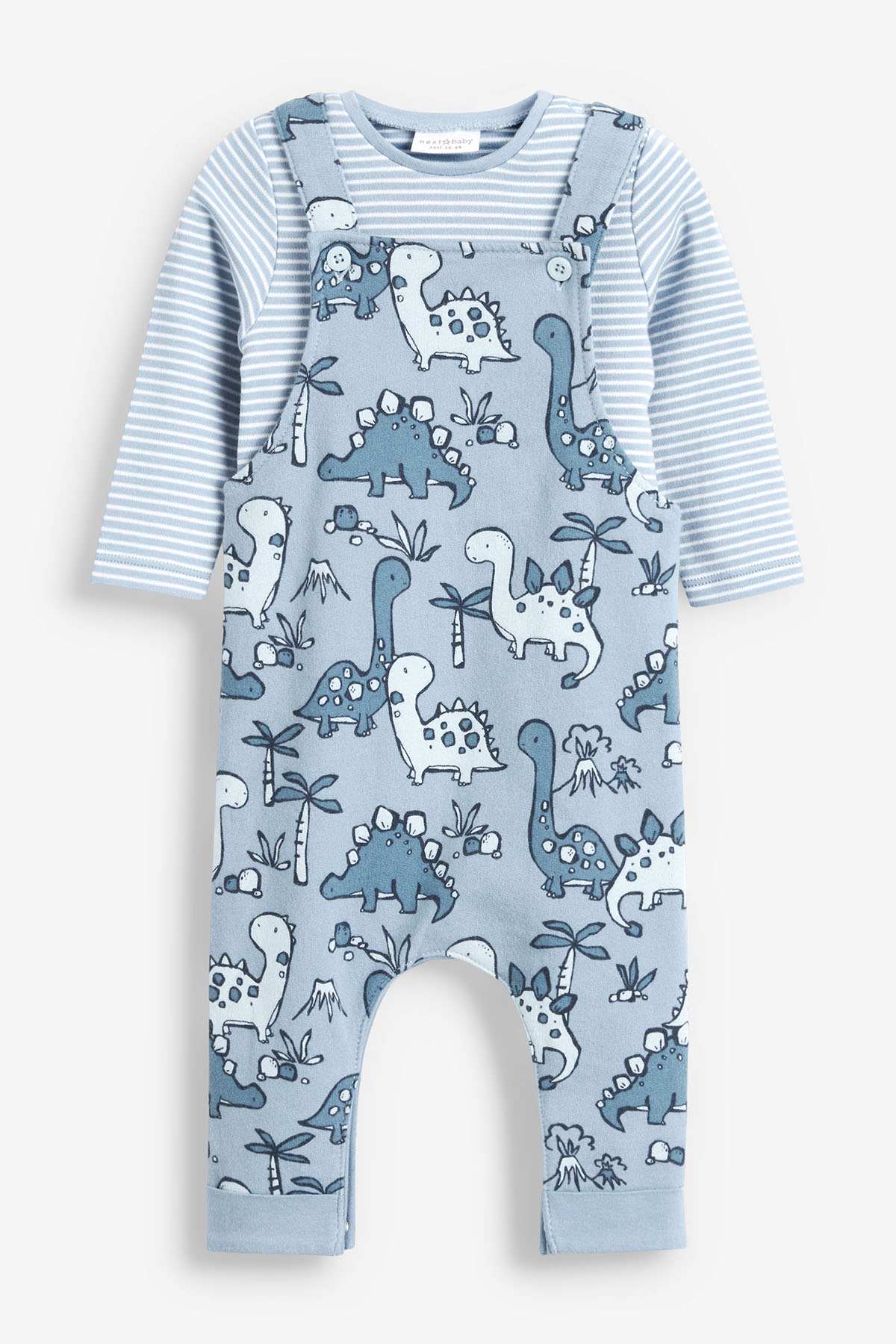 Blue striped long-sleeve romper with dinosaur print front