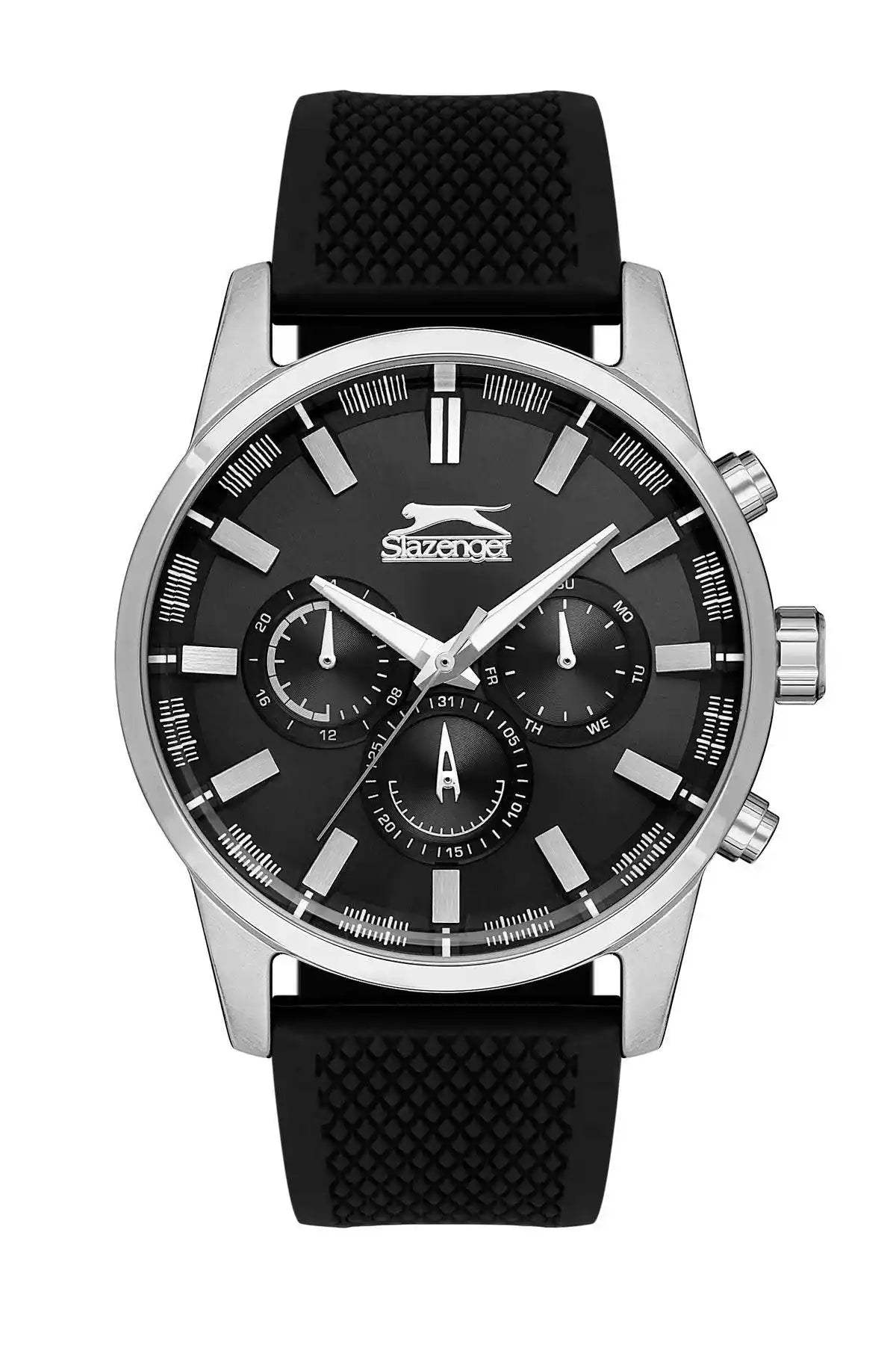 SLAZENGER round chronograph watch with black dial, silver bezel, black textured silicone strap