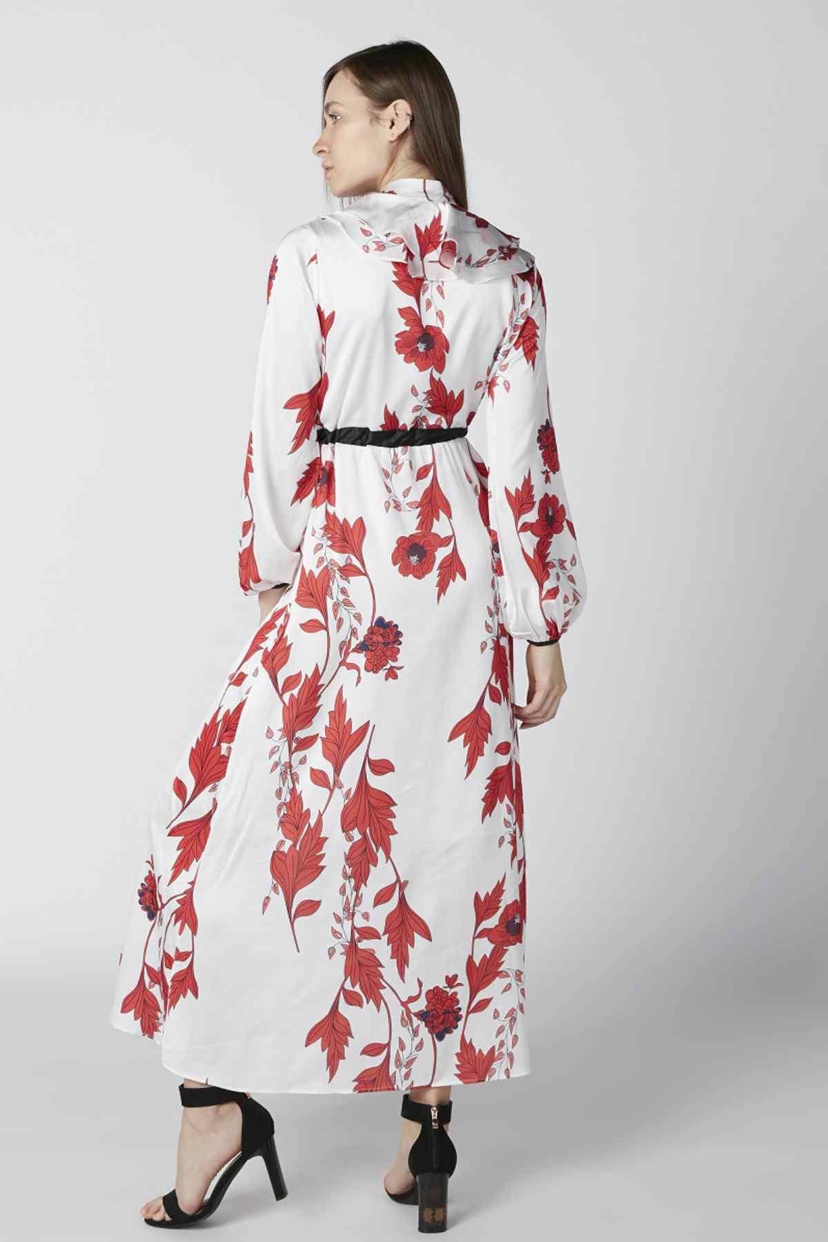 Back view white floral maxi dress with red leaf print, tie-belt, long sleeves