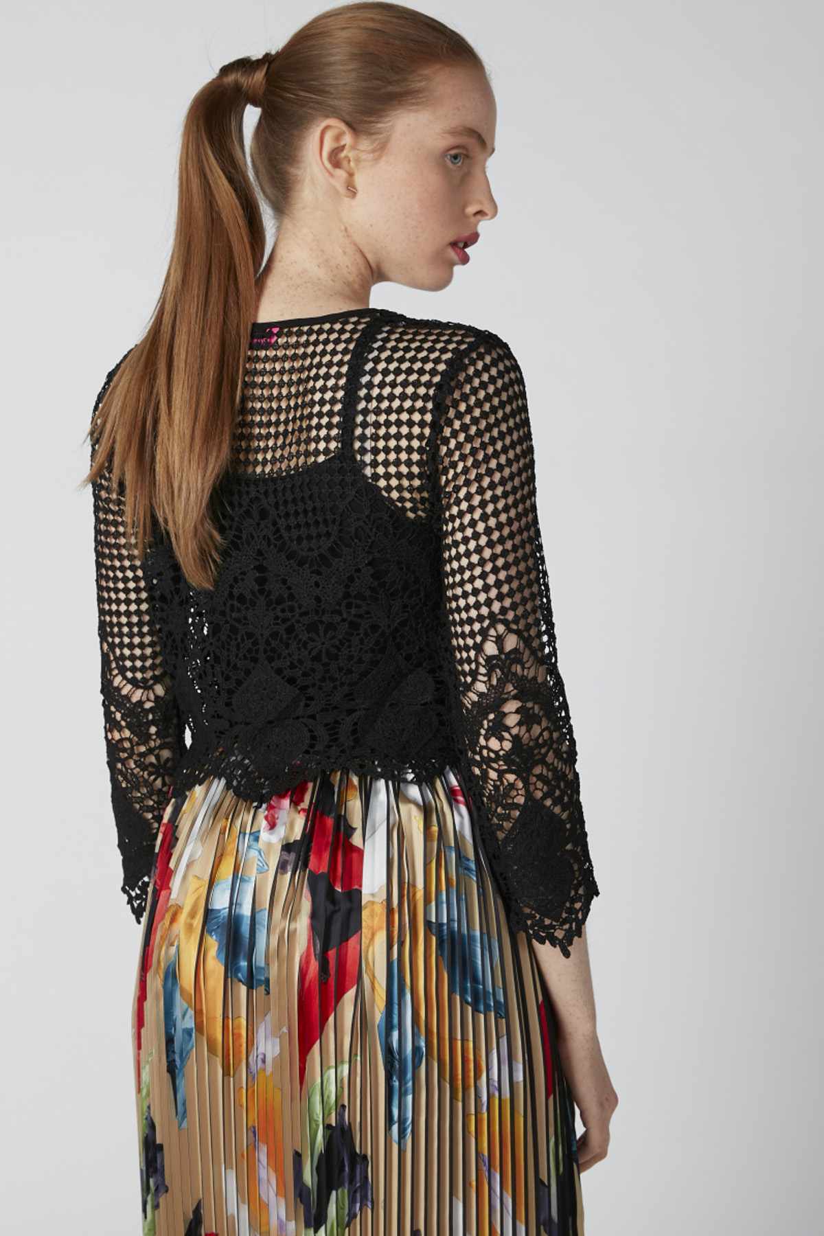 Splash dress: black lace back with sheer check sleeves and colorful pleated skirt