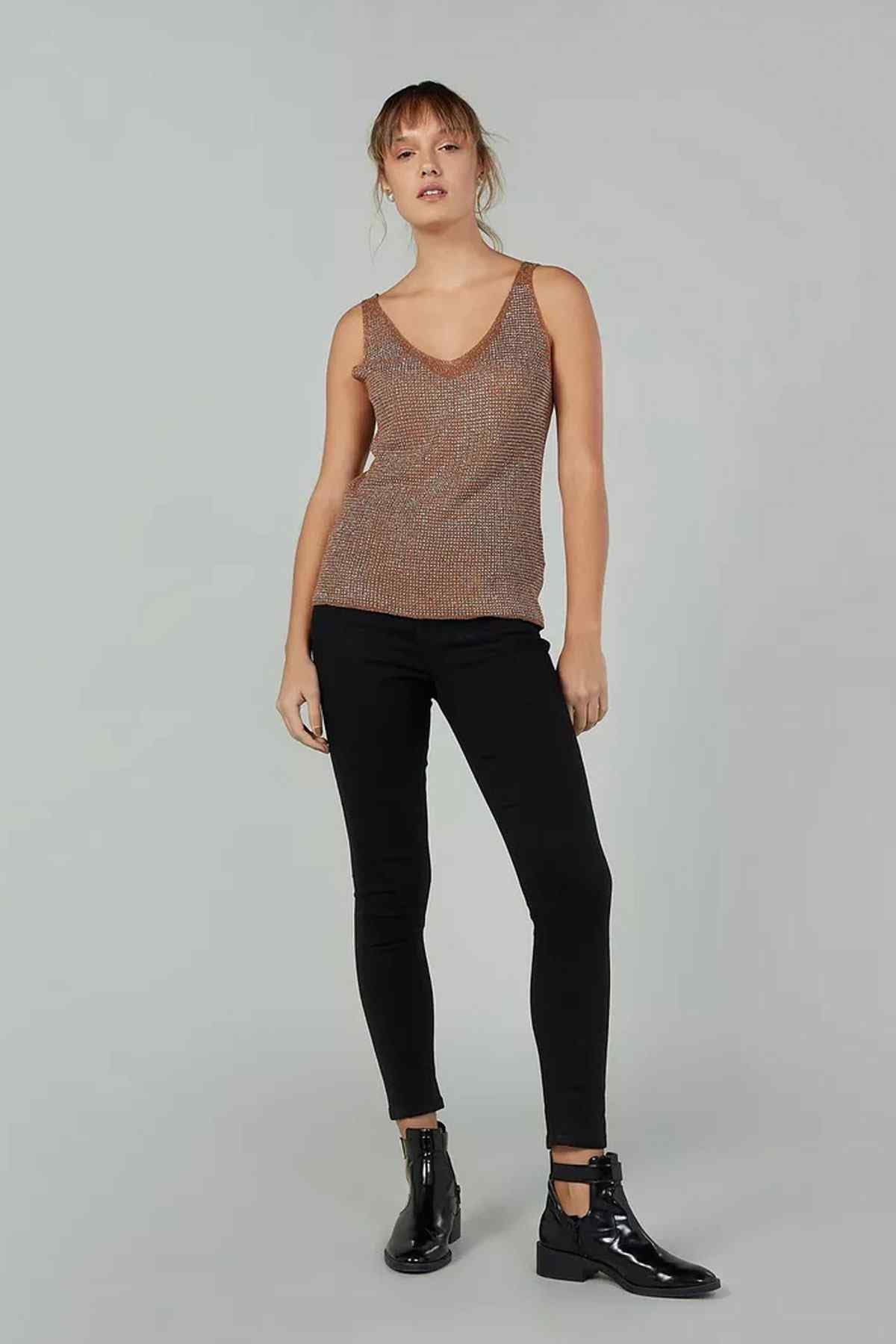 Brown sleeveless knit tank top with scoop neckline and hip-length hem