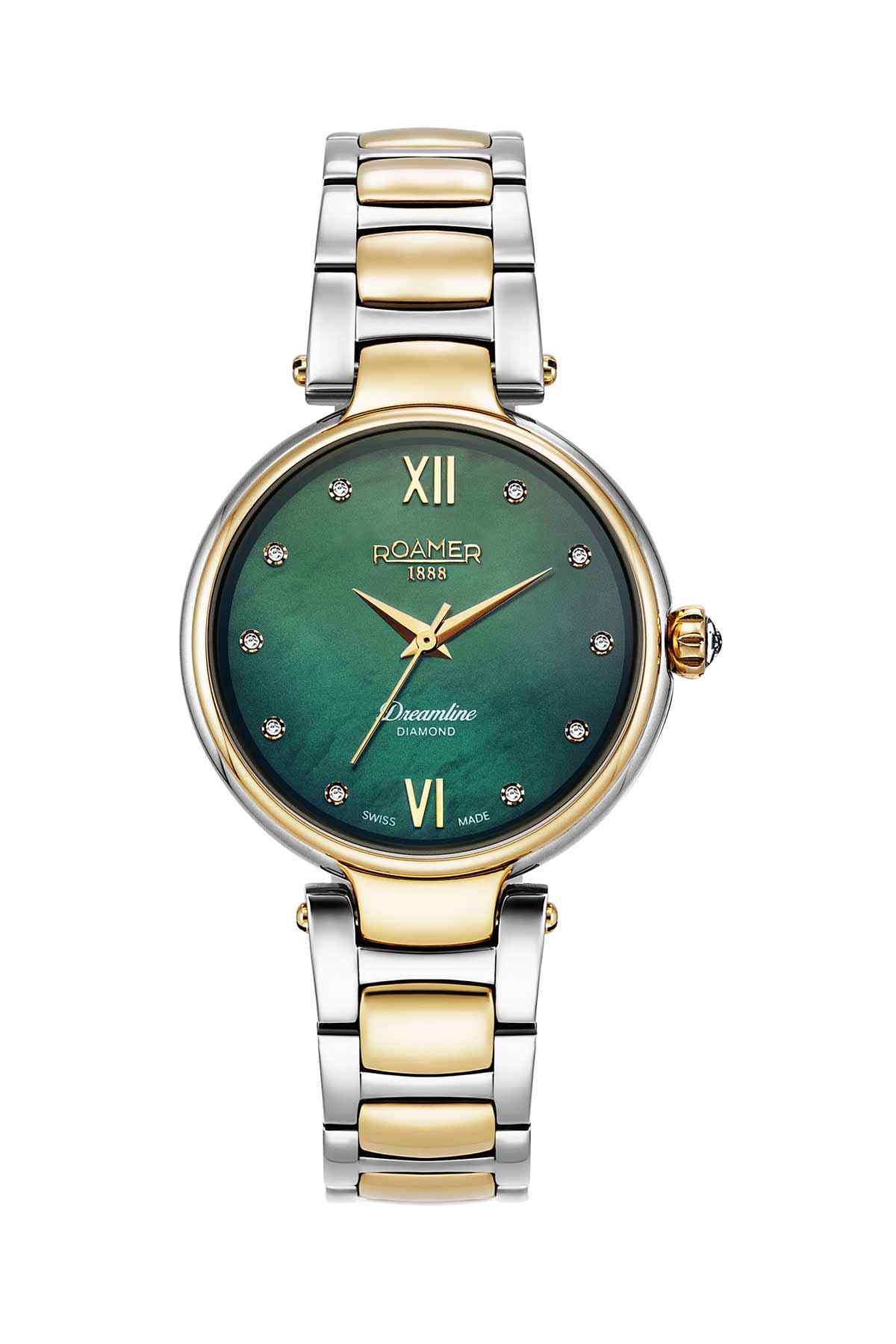 ROAMER wristwatch with green dial, Roman numerals, gold hands, silver and gold bracelet