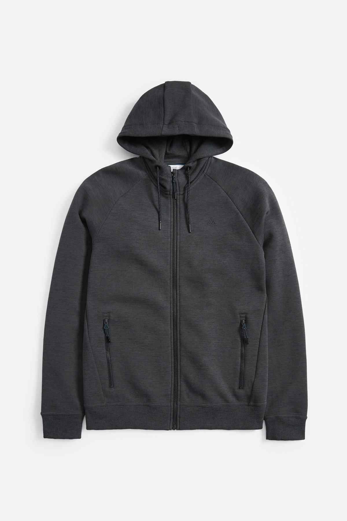 Charcoal grey zip-up hoodie with hood, drawstring, and two front pockets.