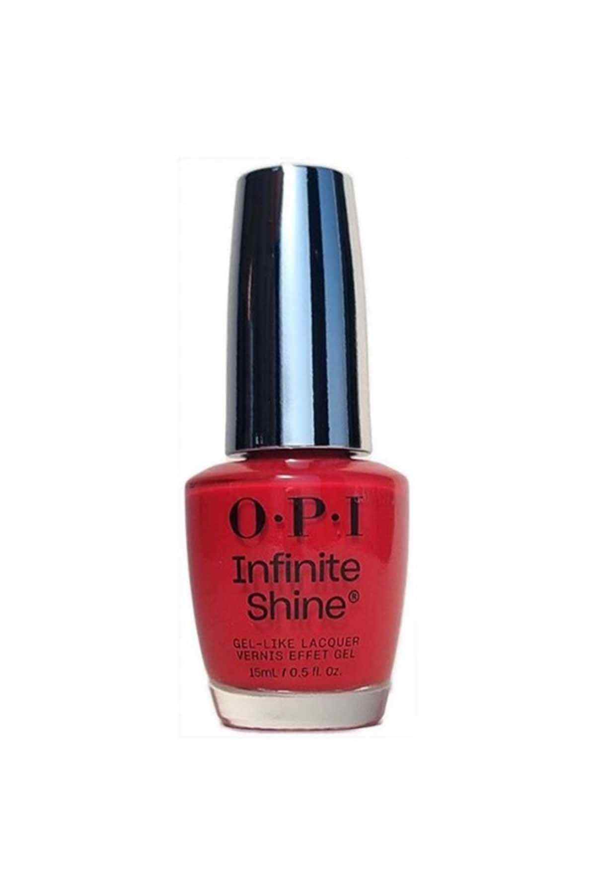OPI Infinite Shine nail polish bottle, glossy red gel-like lacquer.