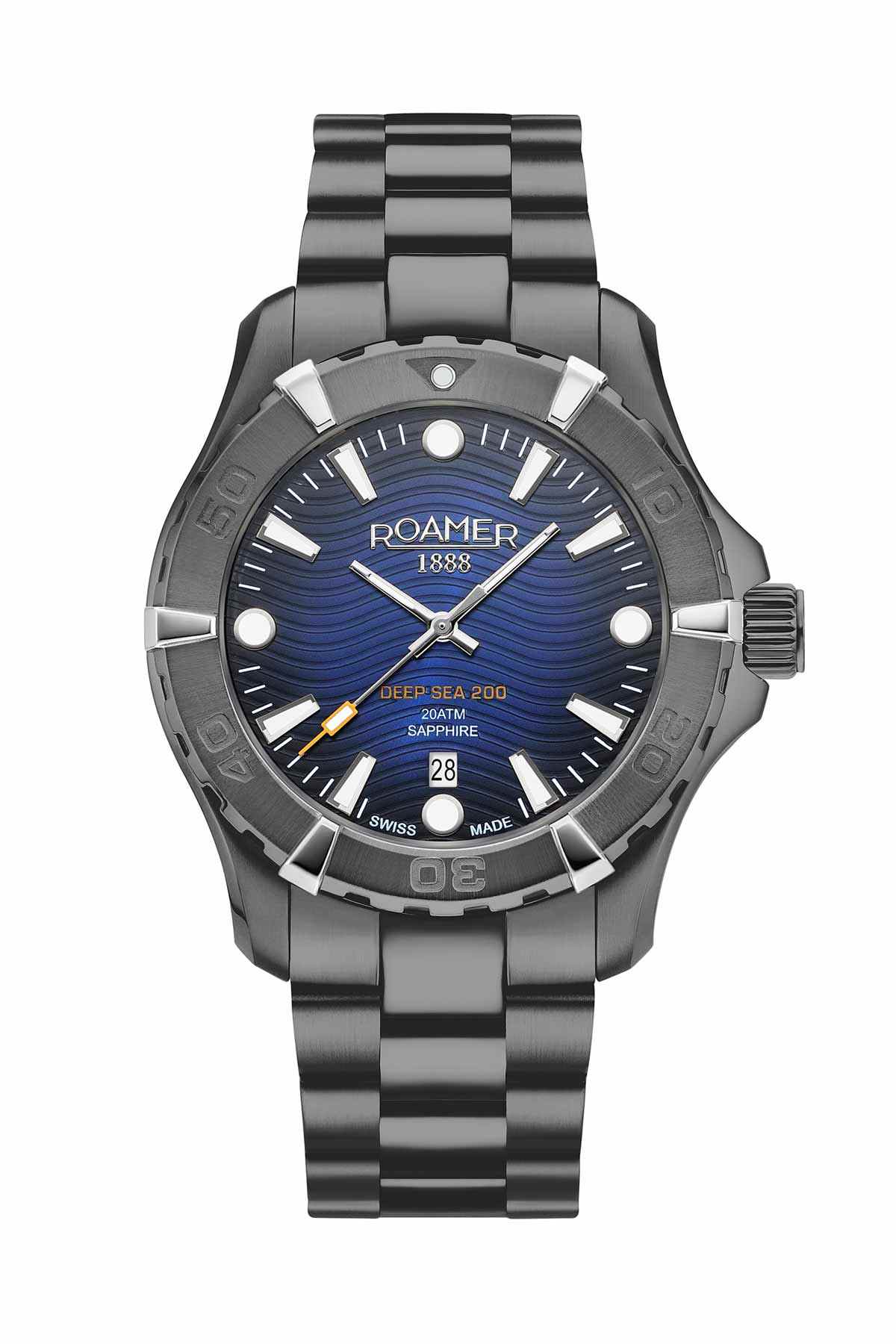 ROAMER men's dive watch with black steel bracelet, dark blue dial, luminous markers