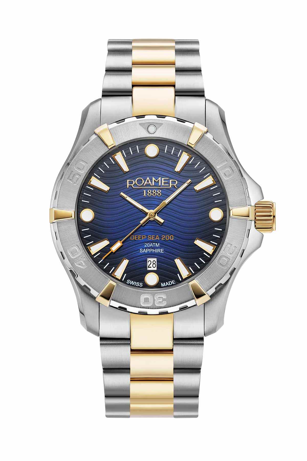 ROAMER two-tone steel wristwatch with dark blue dial, gold markers, date window