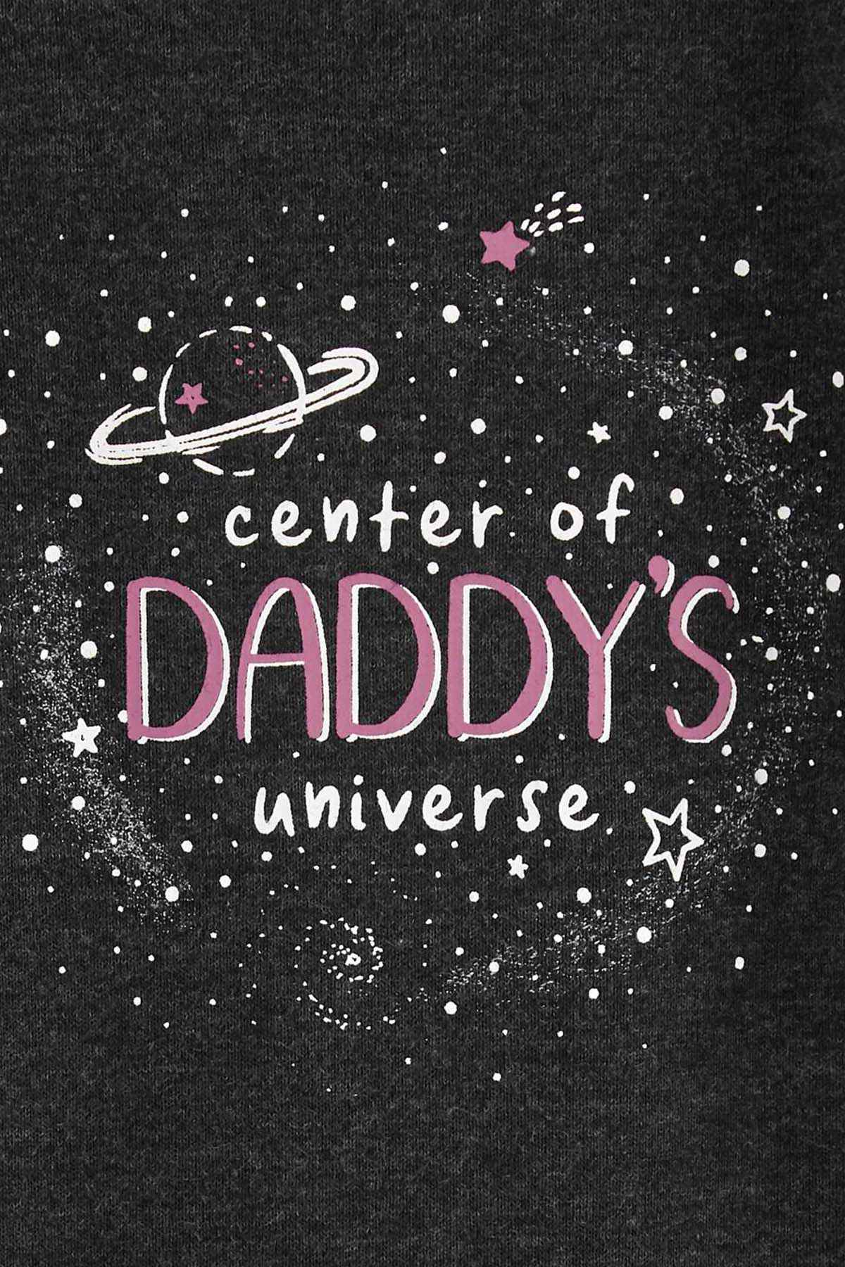 Dark gray bodysuit graphic: Center of Daddy's Universe stars and planet