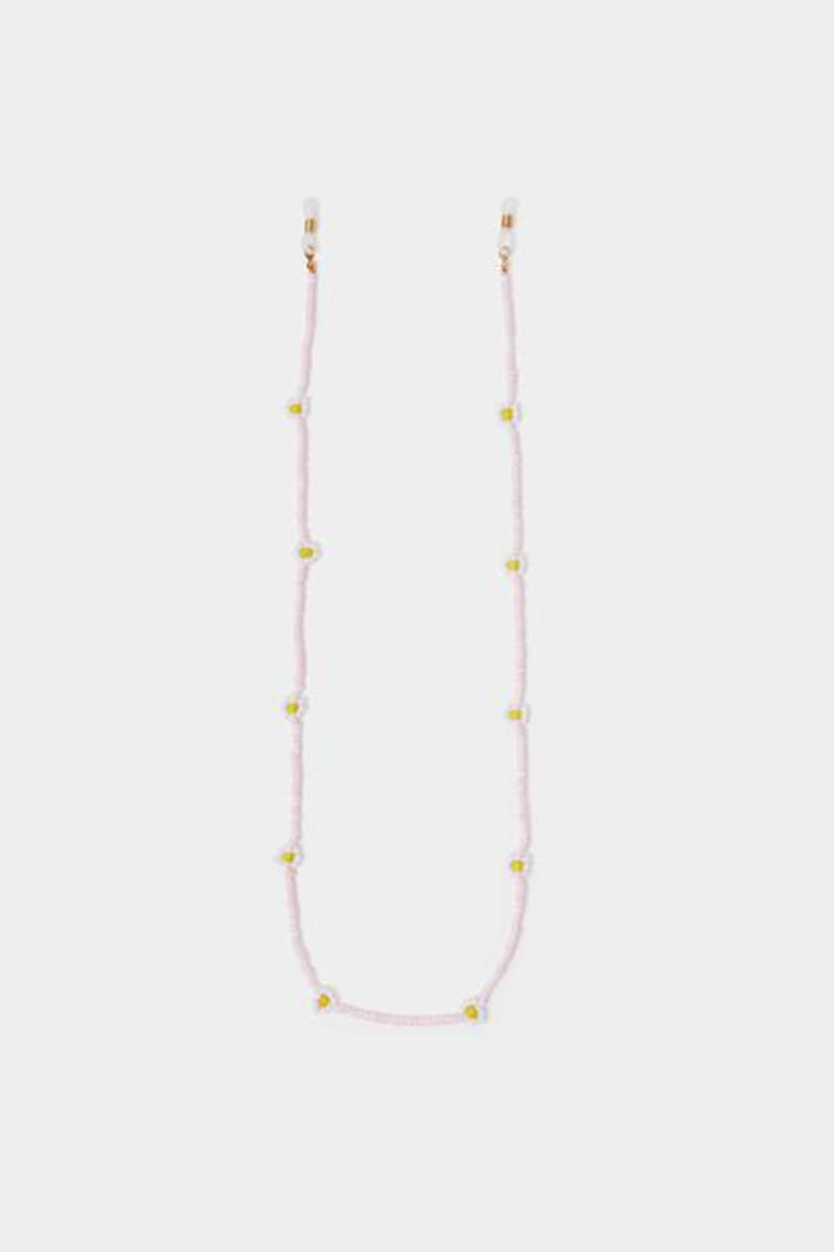 Pastel multi bead necklace on pink cord, gold-tone ends and bead pattern