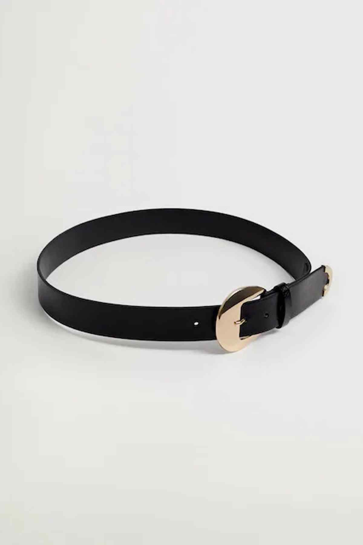 Black leather belt laid flat with gold-tone oval buckle and prong closure