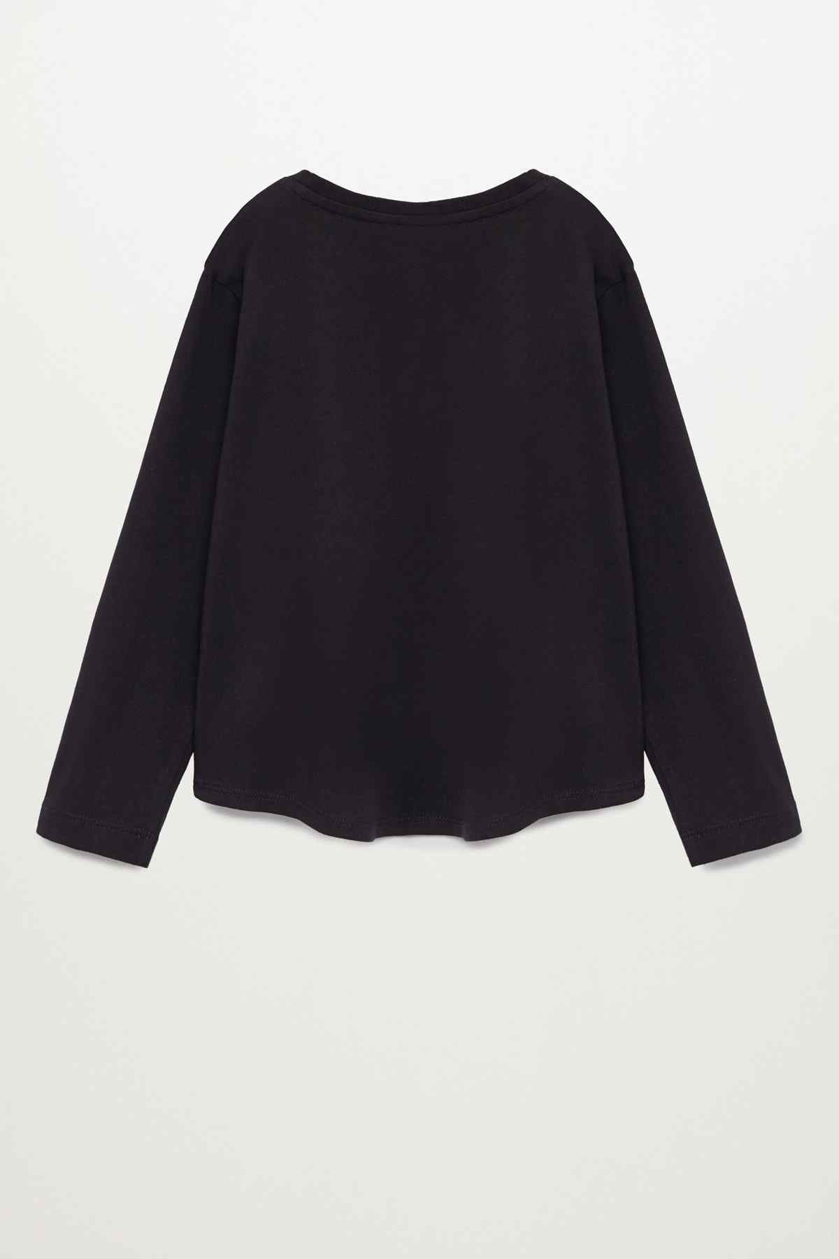 Black long-sleeve crewneck top, slightly curved hem, relaxed silhouette
