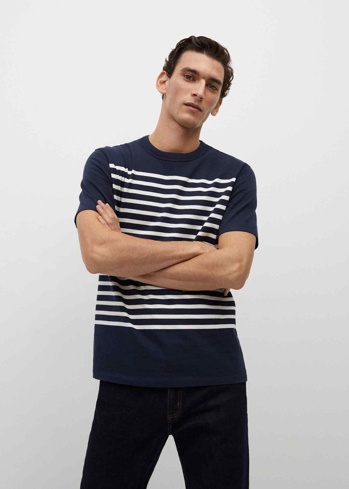 Navy crew-neck T-shirt with white horizontal stripes