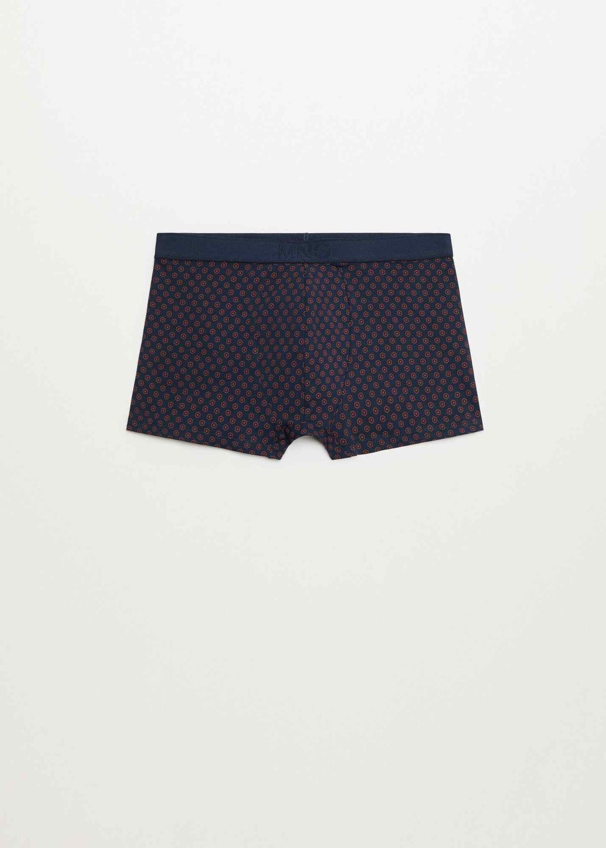 Men's dark navy boxer briefs with small patterned print and elastic waistband