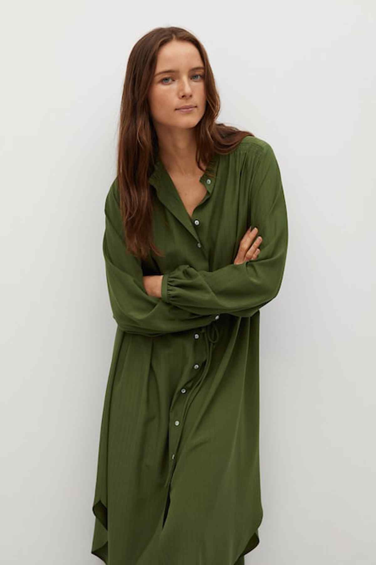 Green midi shirt dress with V-neck, button front, and long sleeves