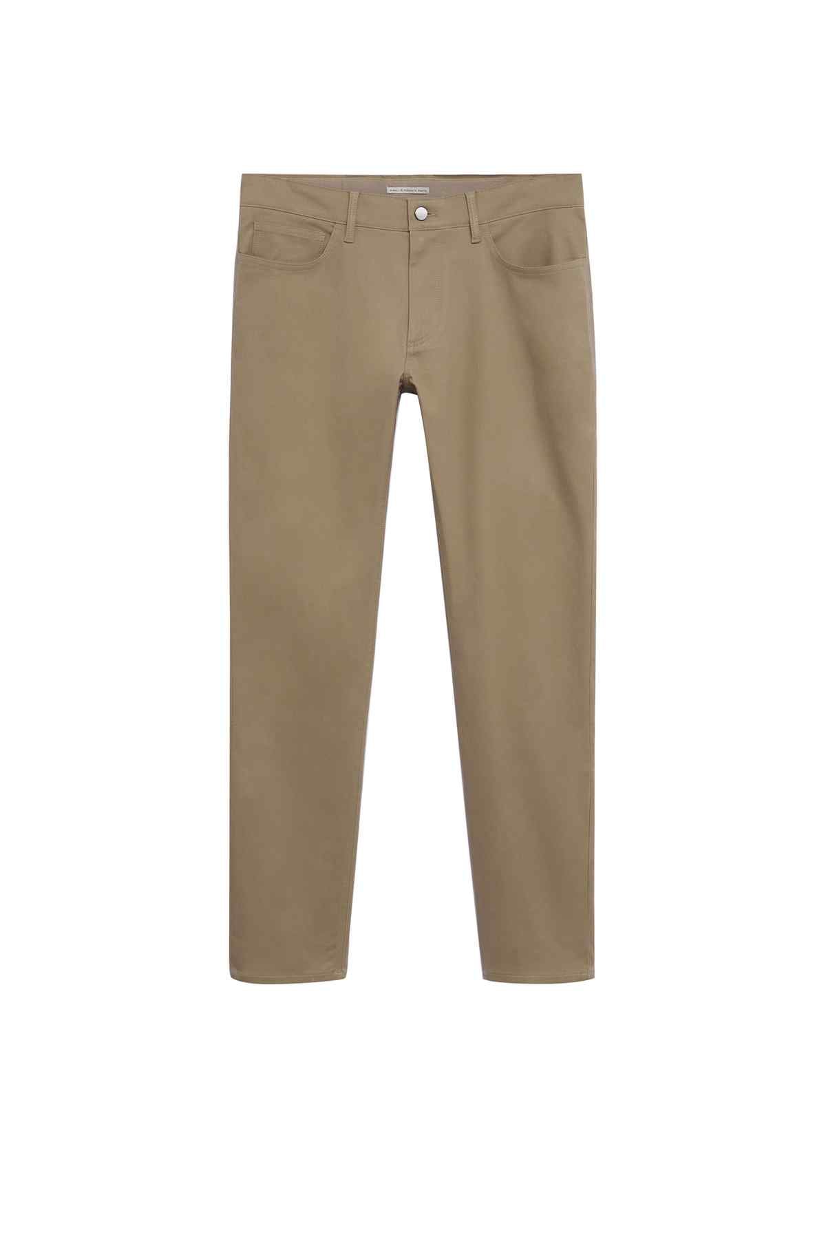 Beige slim trousers with button fly and back patch pockets