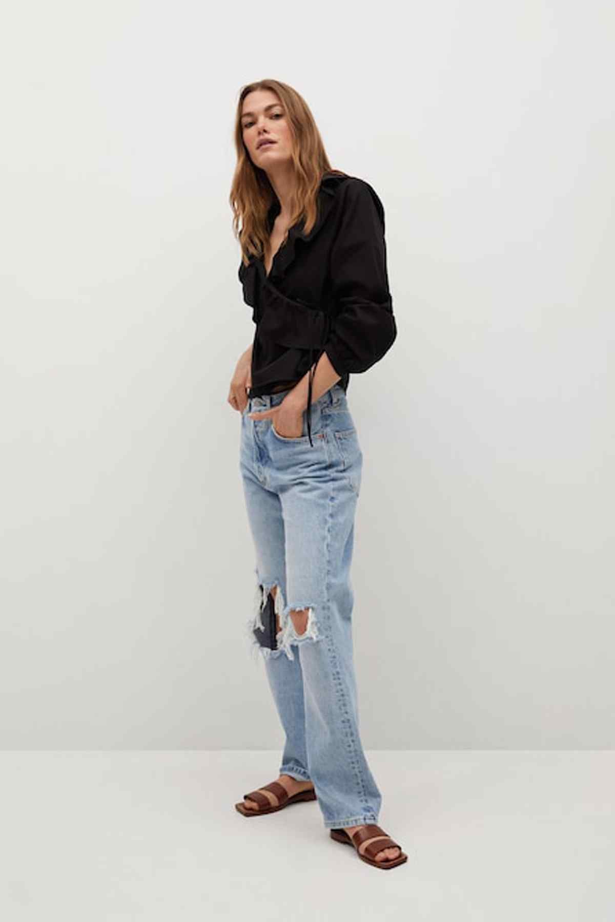 MANGO black long-sleeve blouse with buttoned neckline