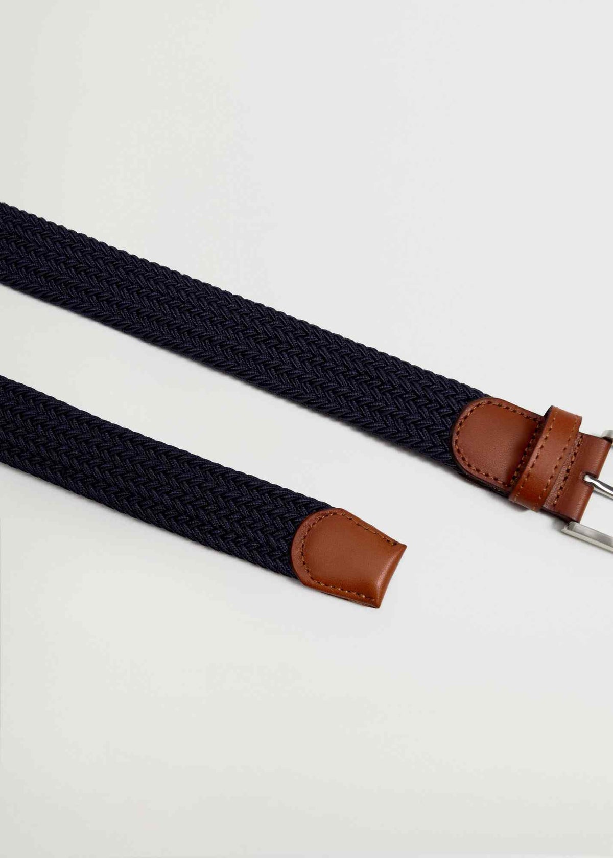 Dark navy woven belt with brown leather ends and metal buckle hardware