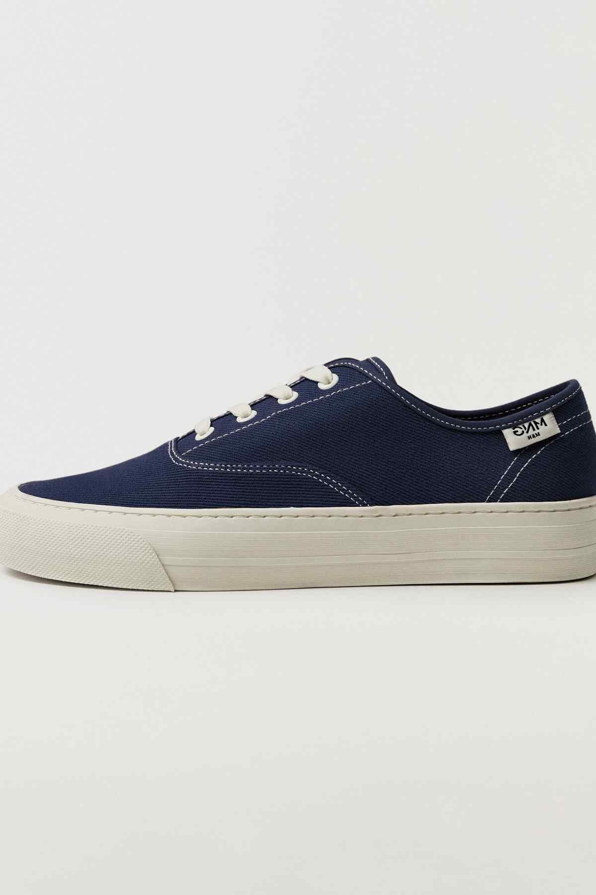 MANGO blue low-top lace-up sneakers with white rubber sole and contrast stitching