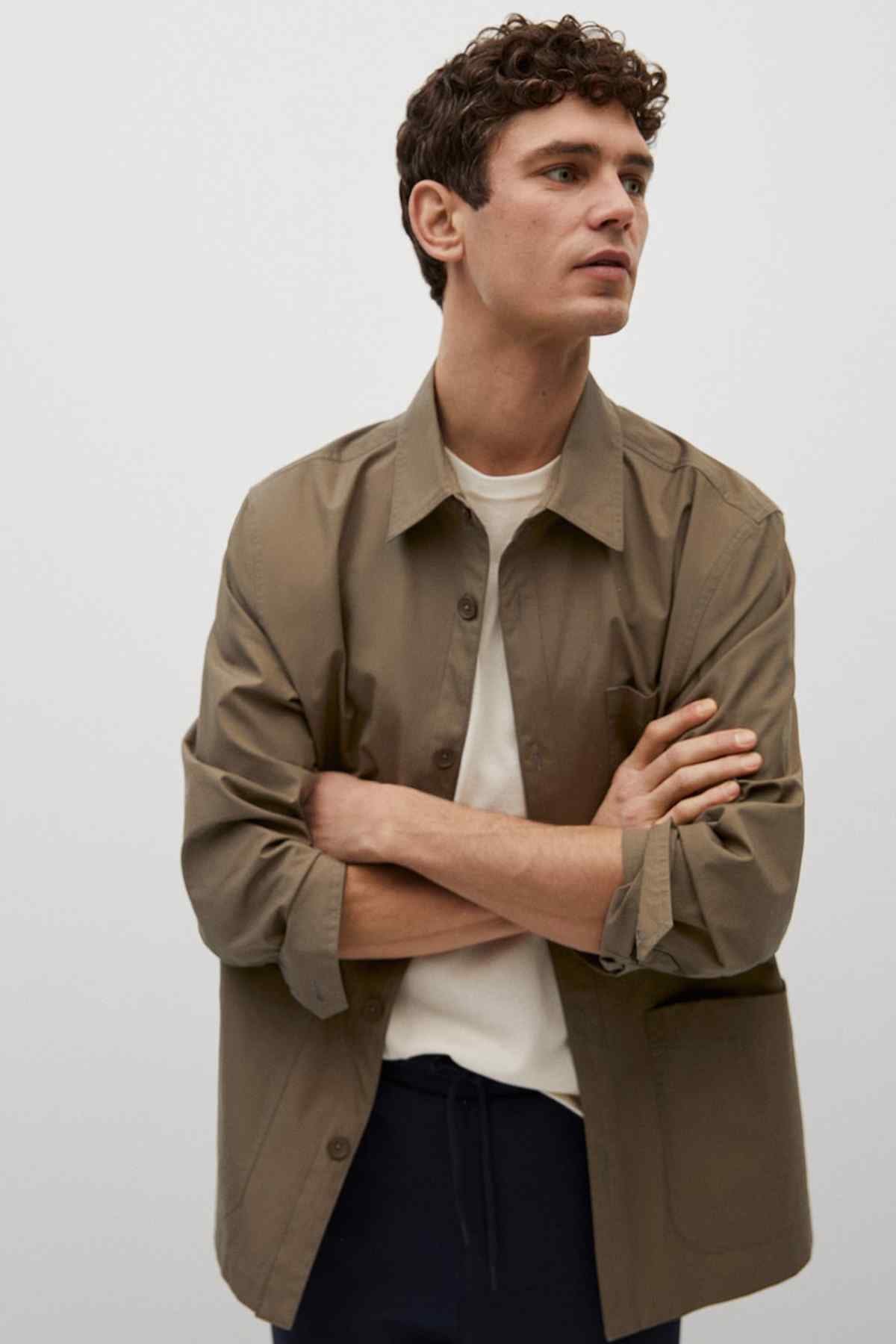 Men's mink grey button-up jacket with folded collar and long sleeves