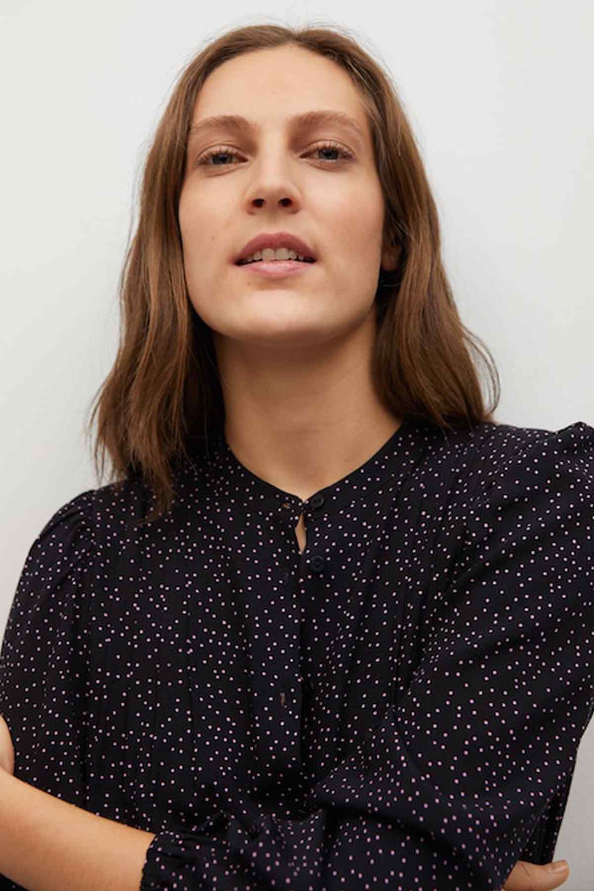 MANGO black patterned midi dress close-up of button front and collar