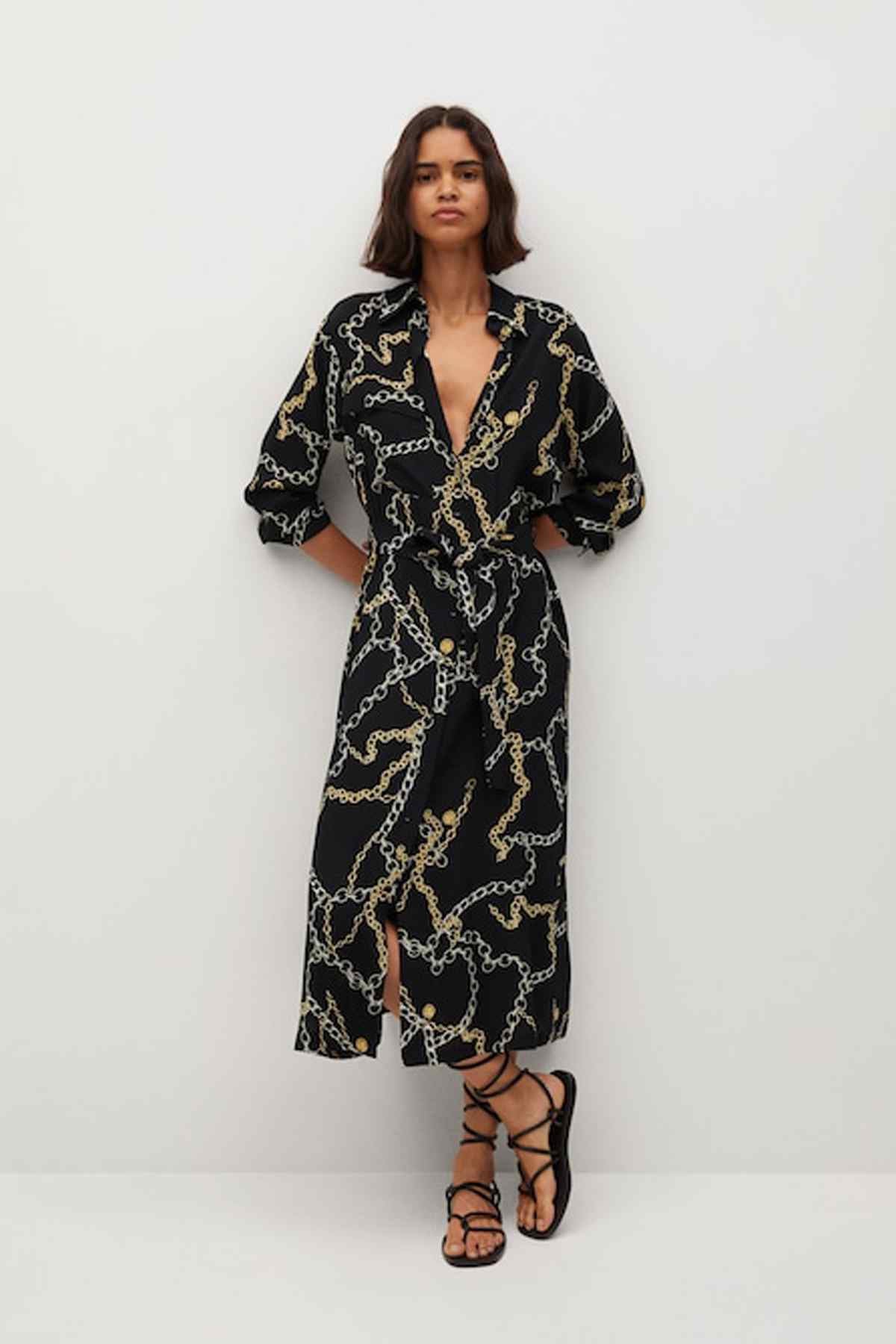 Black chain-pattern V-neck belted midi dress with loose sleeves