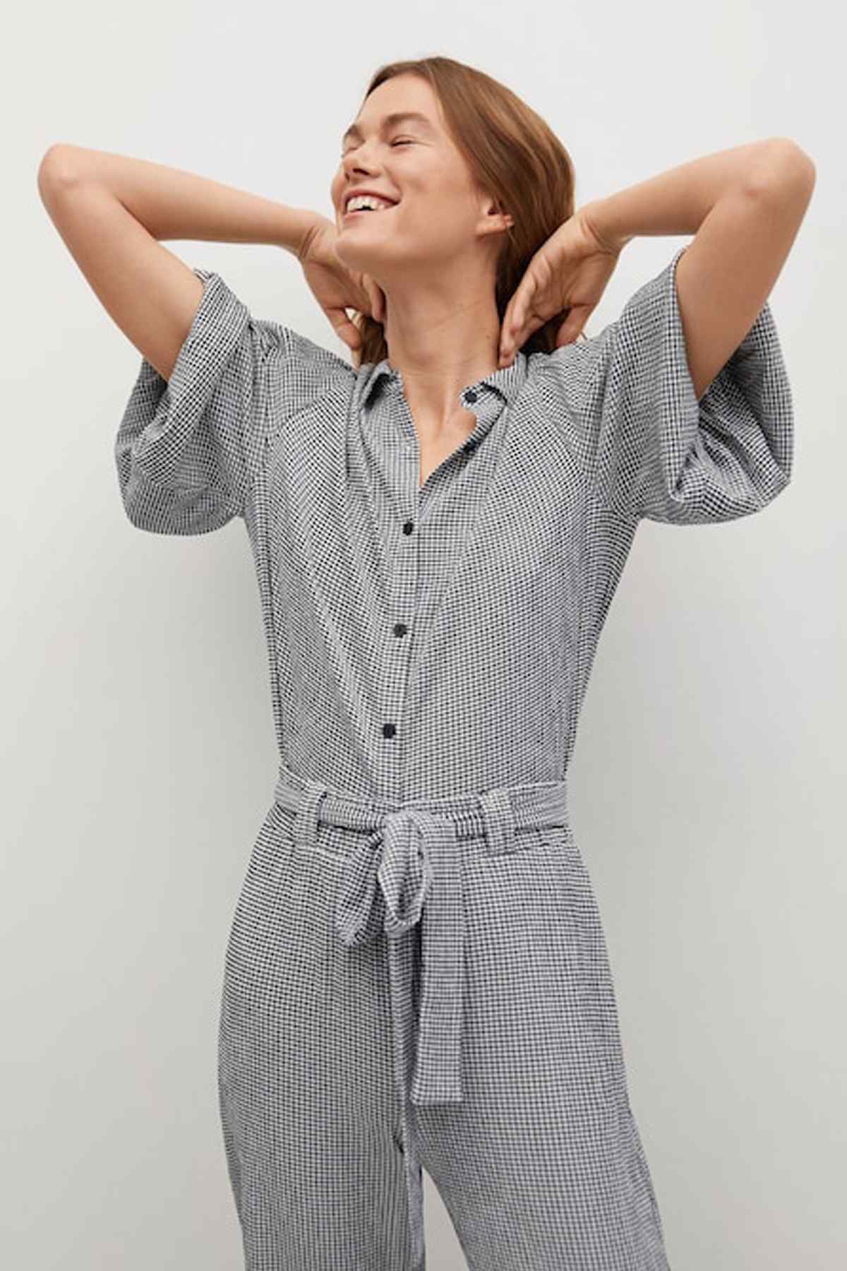 Tie-waist button-front jumpsuit with collared shirt top and wide legs