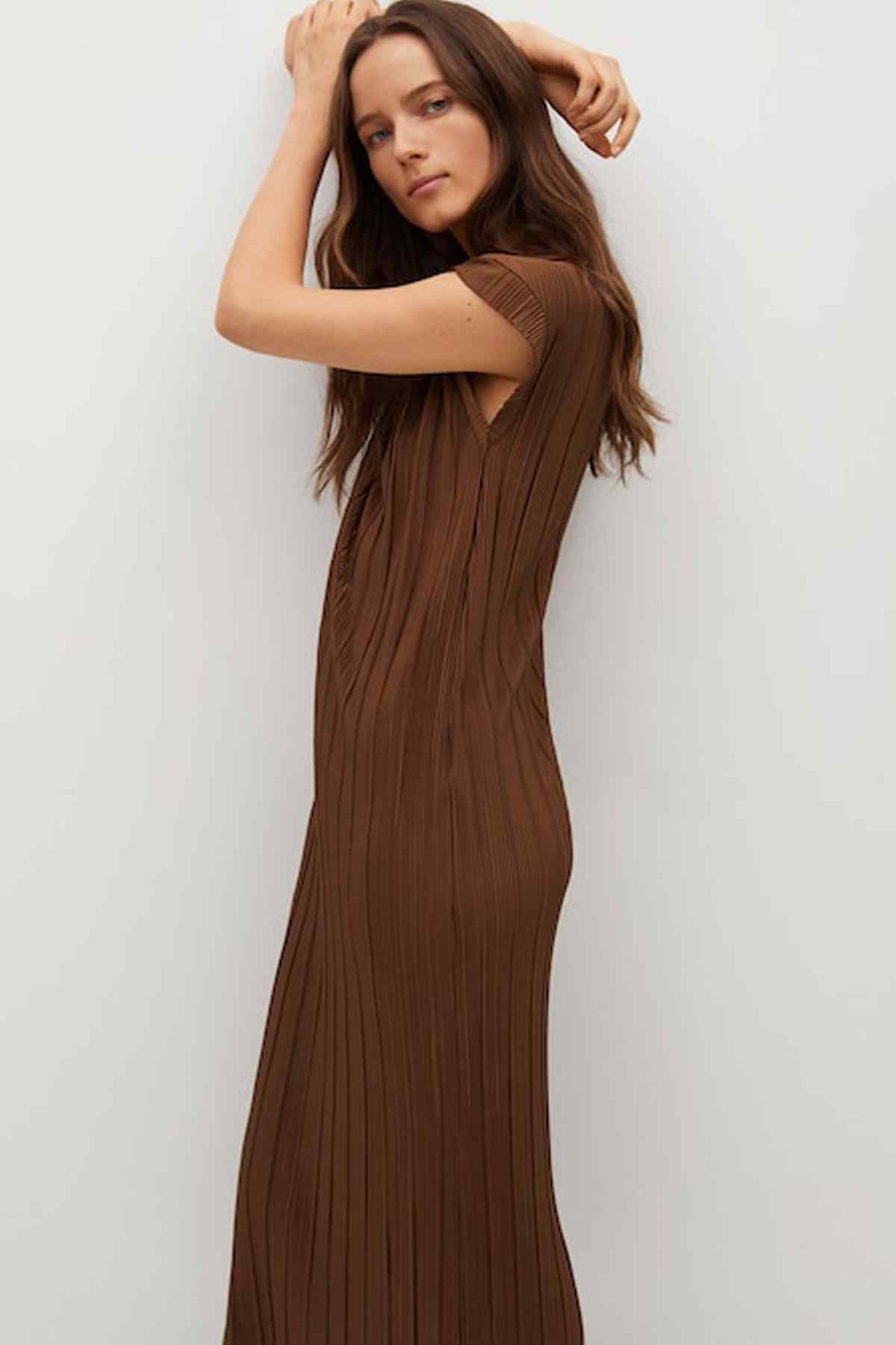 Brown textured maxi dress with short sleeves and high neck, vertical pleats detail