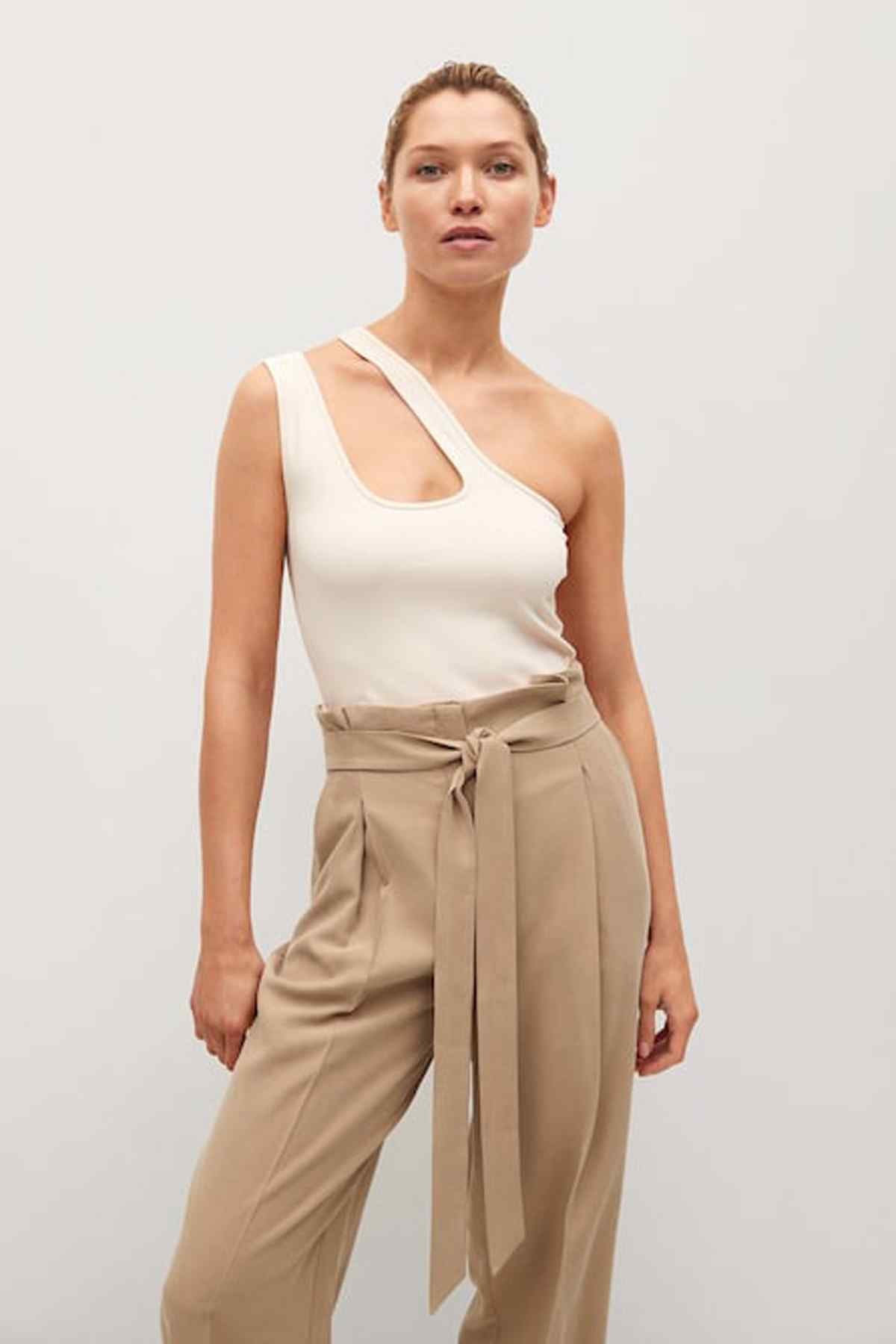 Sand wide-leg trousers with front tie belt and pleated waistband