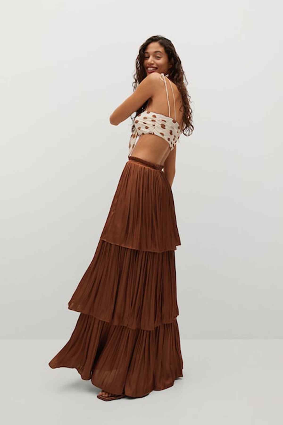 Tiered maxi skirt in burnt orange with tiered ruffle layers