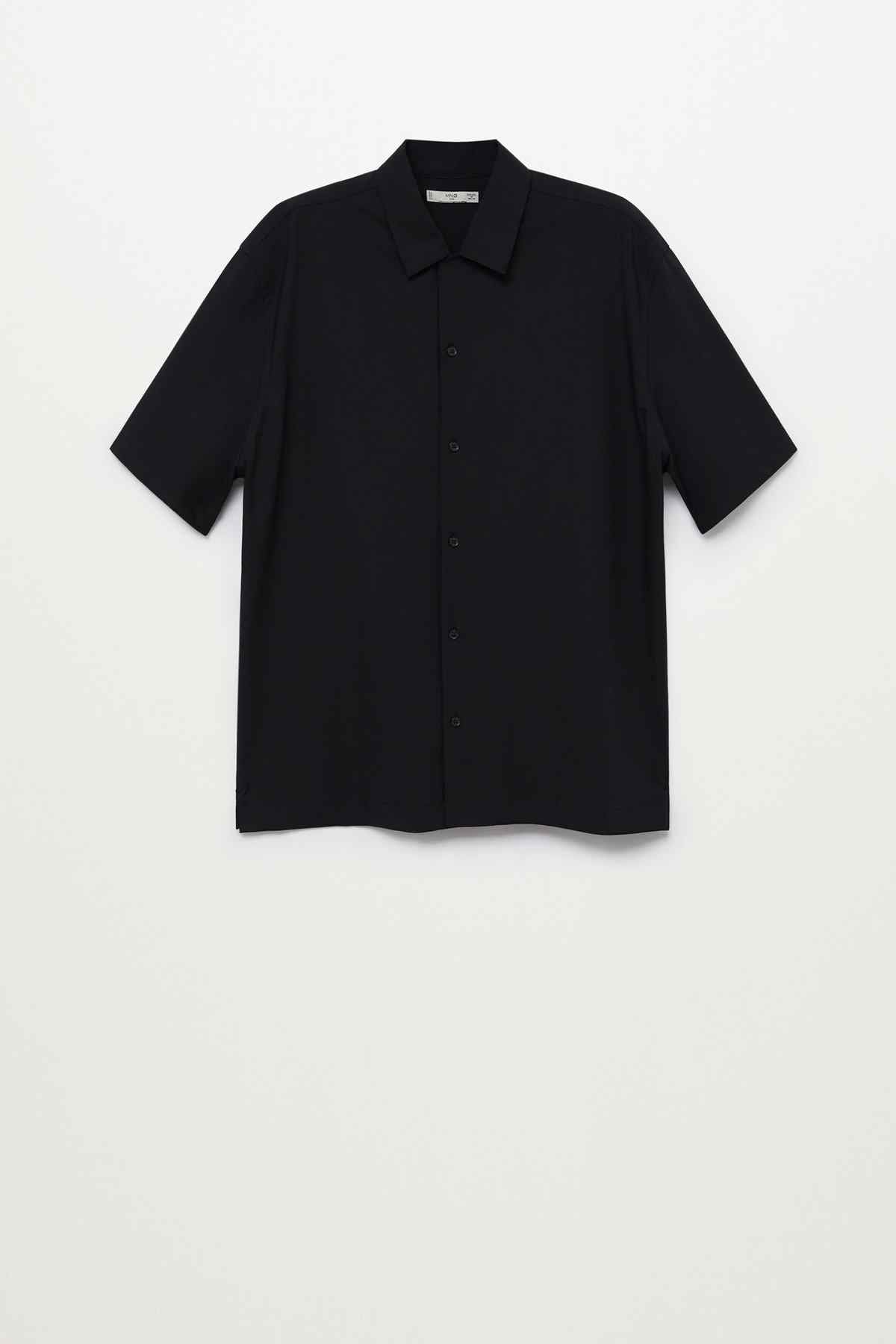 MANGO black short-sleeve button-up shirt with pointed collar