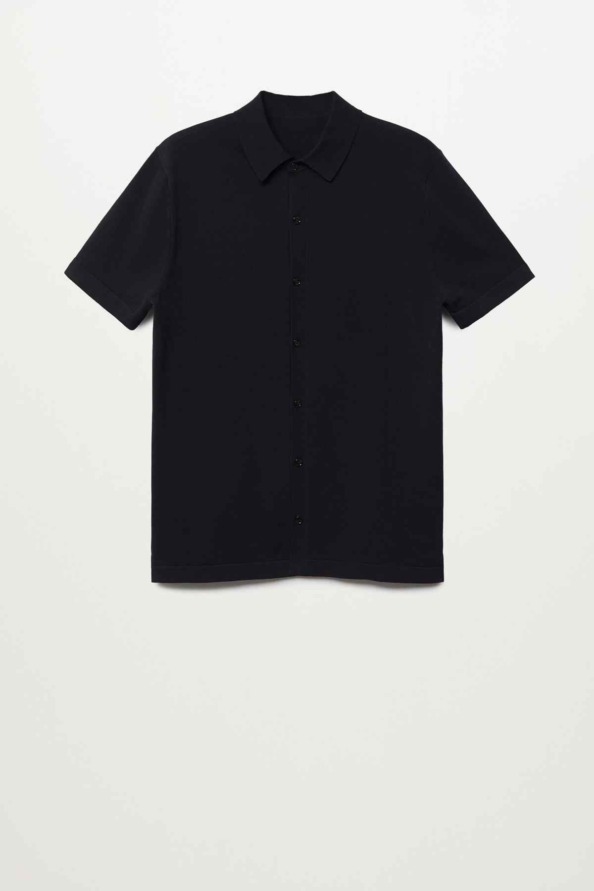 Black short-sleeve polo shirt with button placket and collar