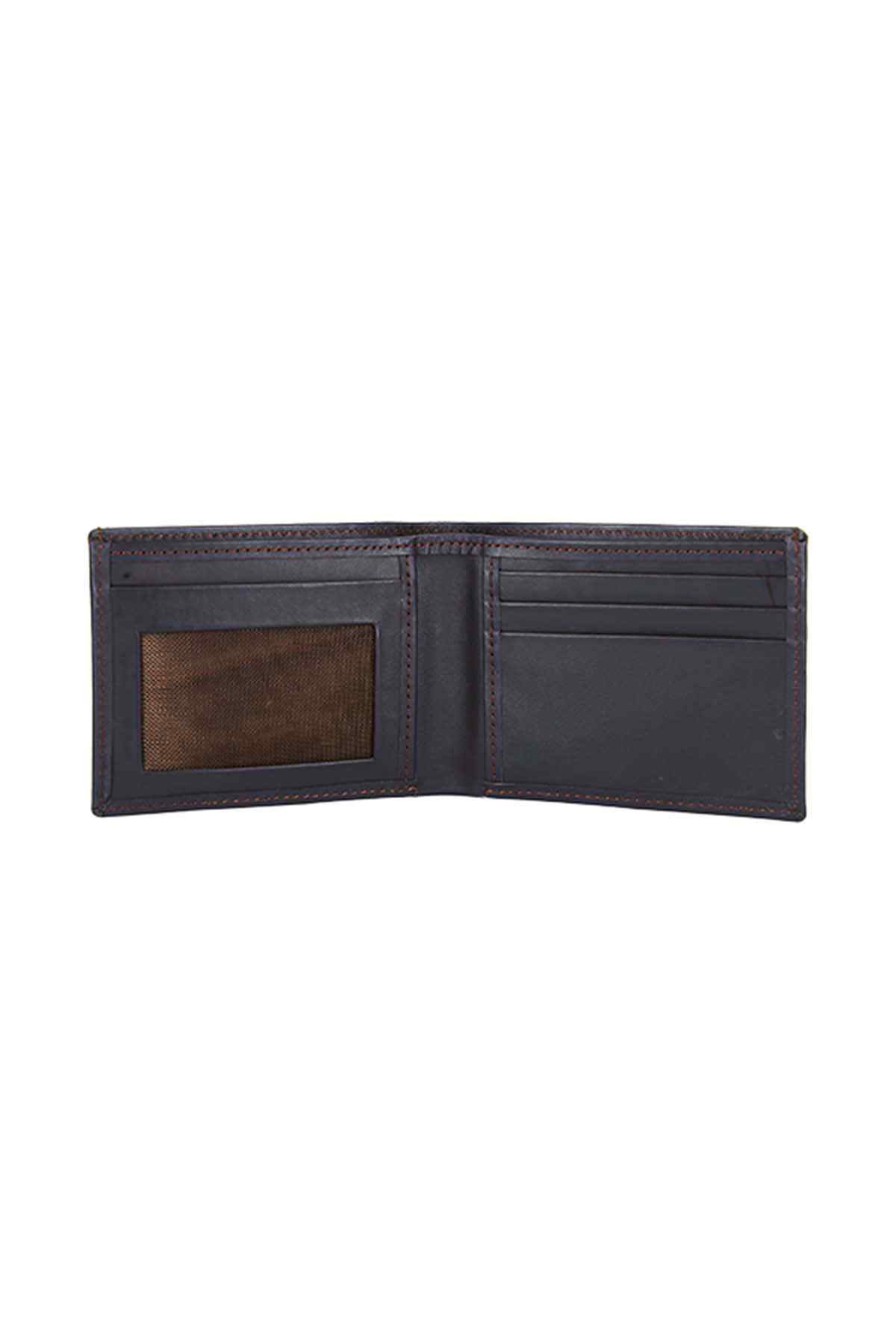 Dark leather bifold wallet open, with card holder panels and stitching detail