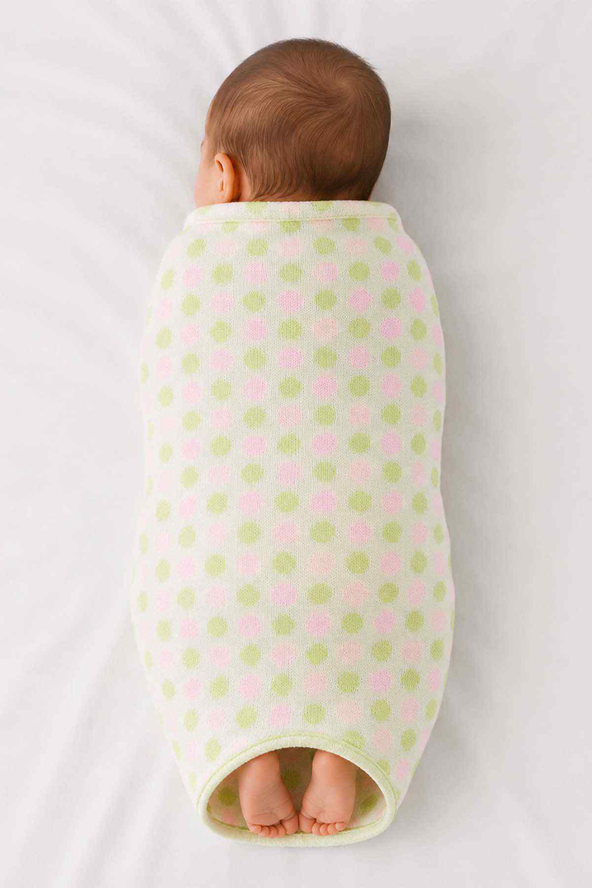 Babyshop pink dotted baby swaddle blanket, back view with full wrap coverage