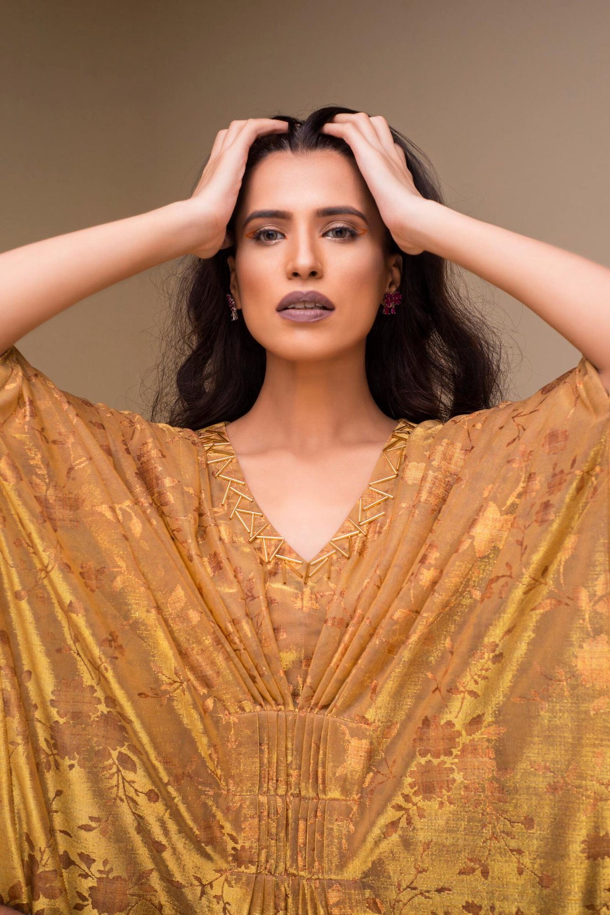 Gold velour V-neck maxi dress with embroidered pattern and gathered waist