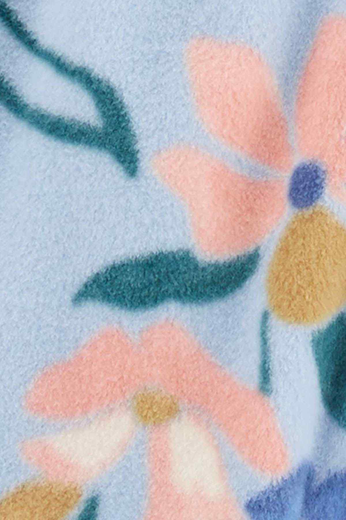 Floral print fabric close-up on light blue onesie