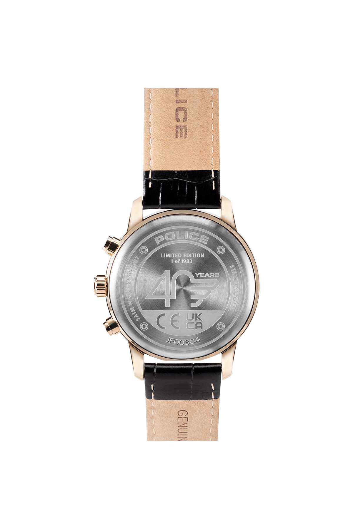 Police watch case back in silver tone with black leather strap